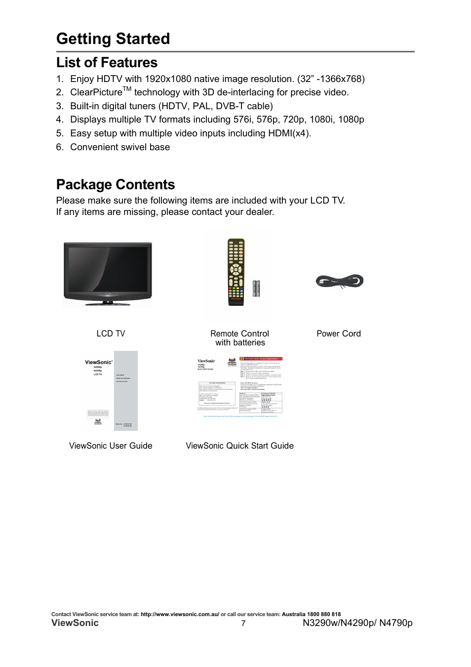 Getting started, List of features, Package contents | VIEWSONIC VS12280-1A User Manual | Page 12 / 43