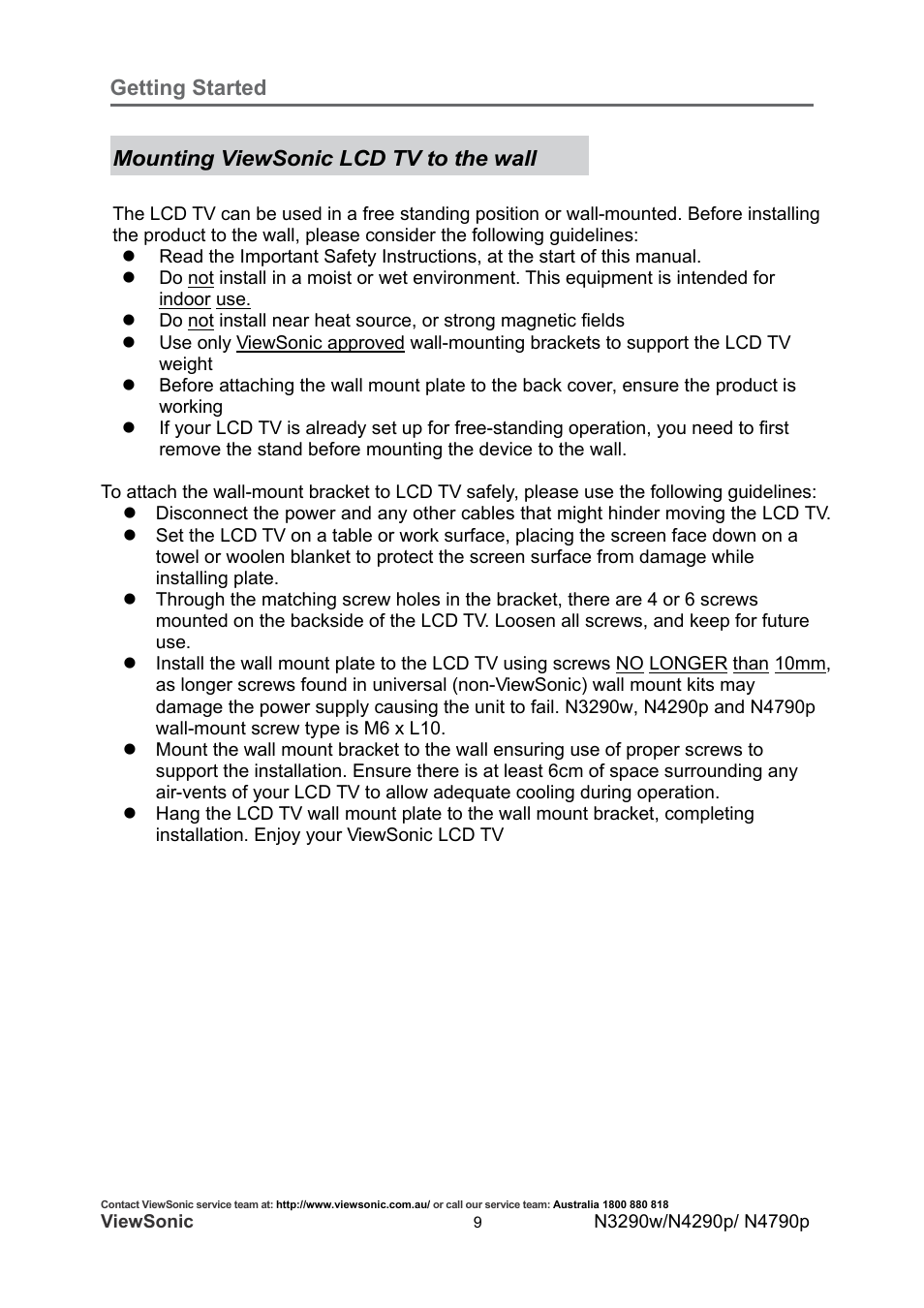 Getting started, Mounting viewsonic lcd tv to the wall | VIEWSONIC VS12280-1A User Manual | Page 14 / 43