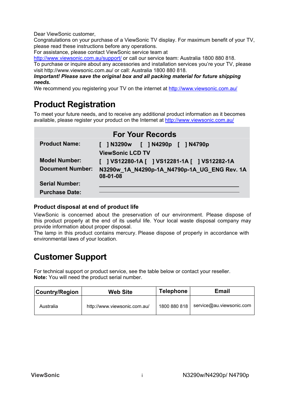 Product registration, Customer support, For your records | VIEWSONIC VS12280-1A User Manual | Page 2 / 43