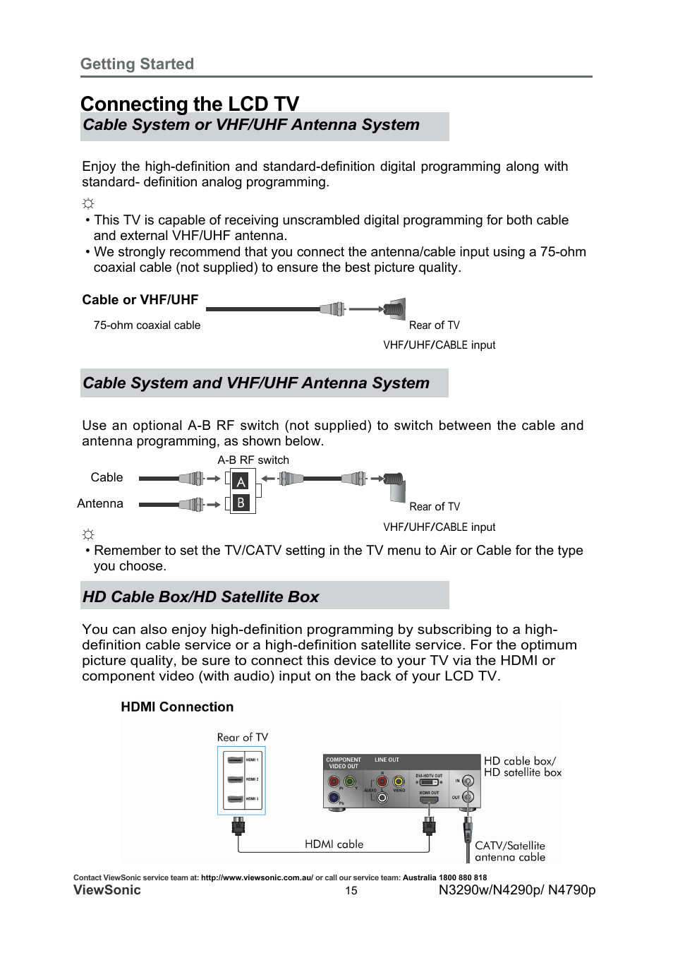 Connecting the lcd tv, Getting started, Cable system or vhf/uhf antenna system | Cable system and vhf/uhf antenna system, Hd cable box/hd satellite box | VIEWSONIC VS12280-1A User Manual | Page 20 / 43