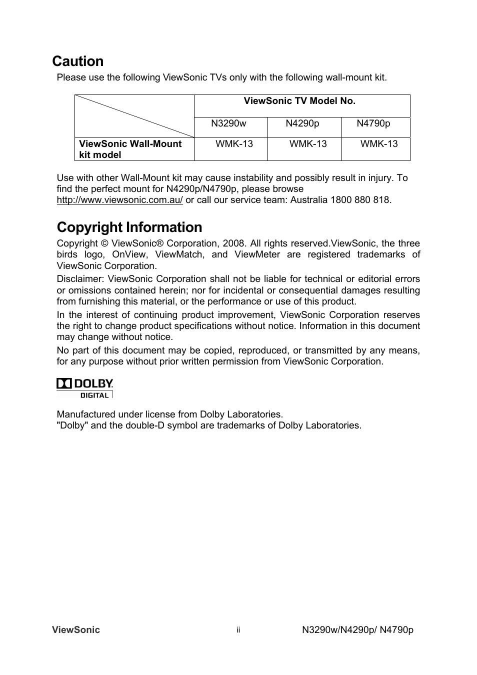 Caution, Copyright information | VIEWSONIC VS12280-1A User Manual | Page 3 / 43