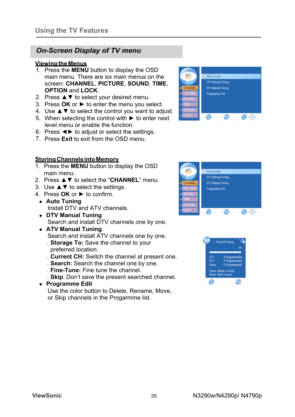 Using the tv features, On-screen display of tv menu | VIEWSONIC VS12280-1A User Manual | Page 30 / 43