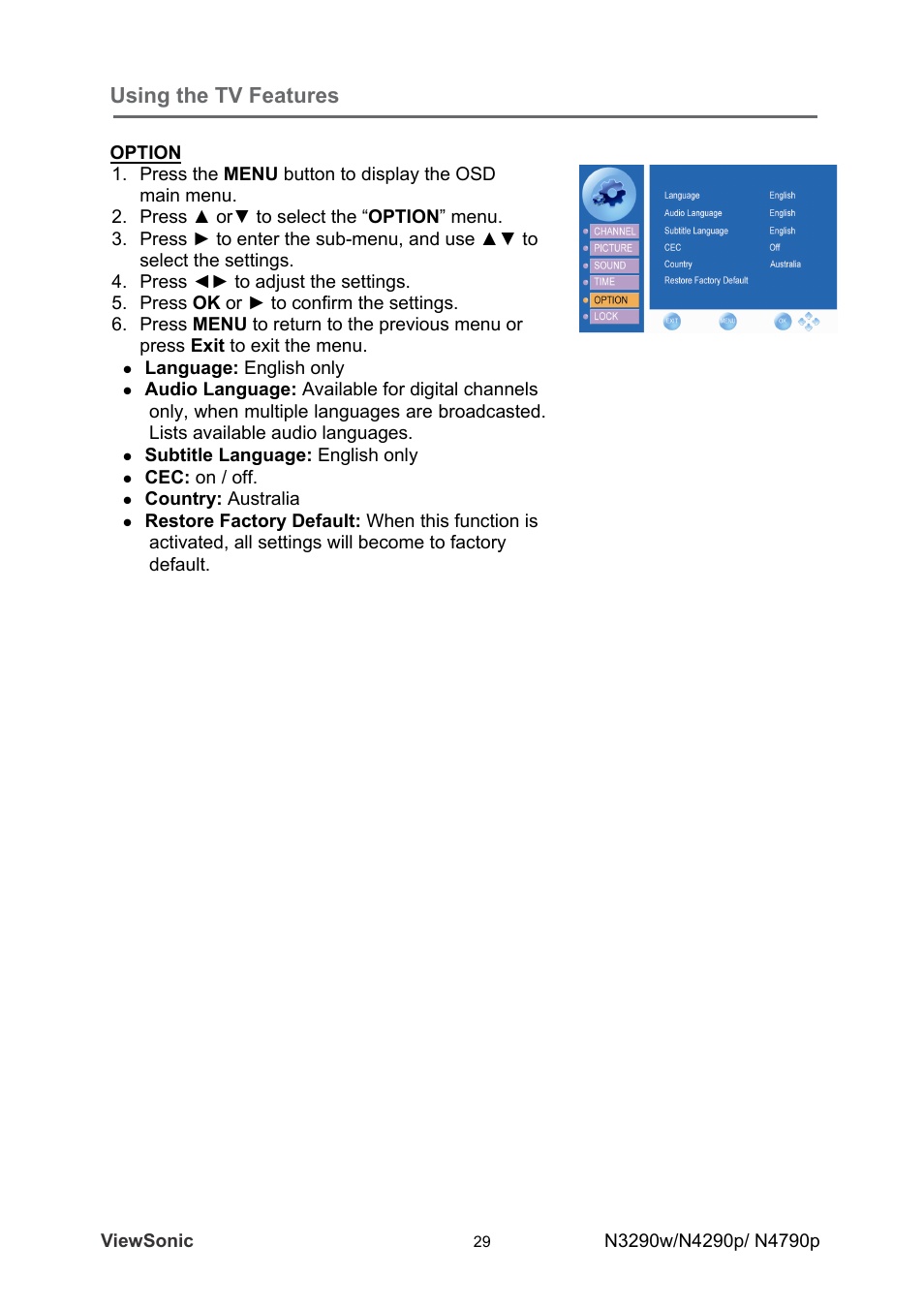 Using the tv features | VIEWSONIC VS12280-1A User Manual | Page 34 / 43