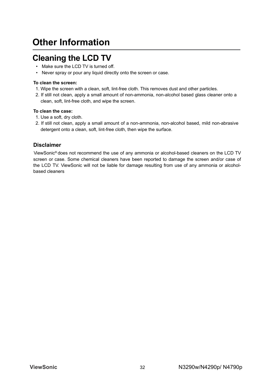 Other information, Cleaning the lcd tv | VIEWSONIC VS12280-1A User Manual | Page 37 / 43