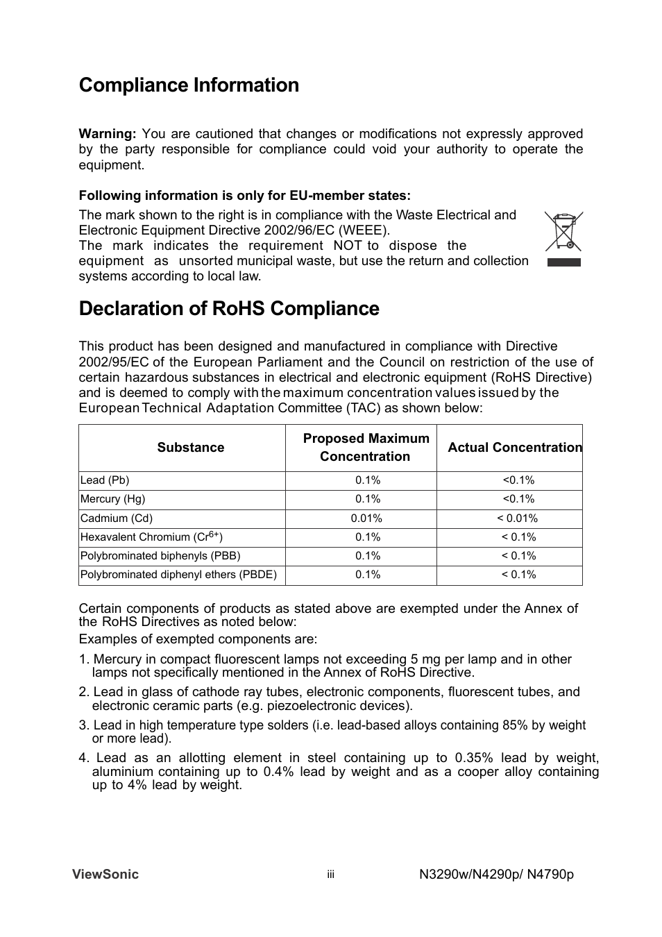 Compliance information, Declaration of rohs compliance | VIEWSONIC VS12280-1A User Manual | Page 4 / 43
