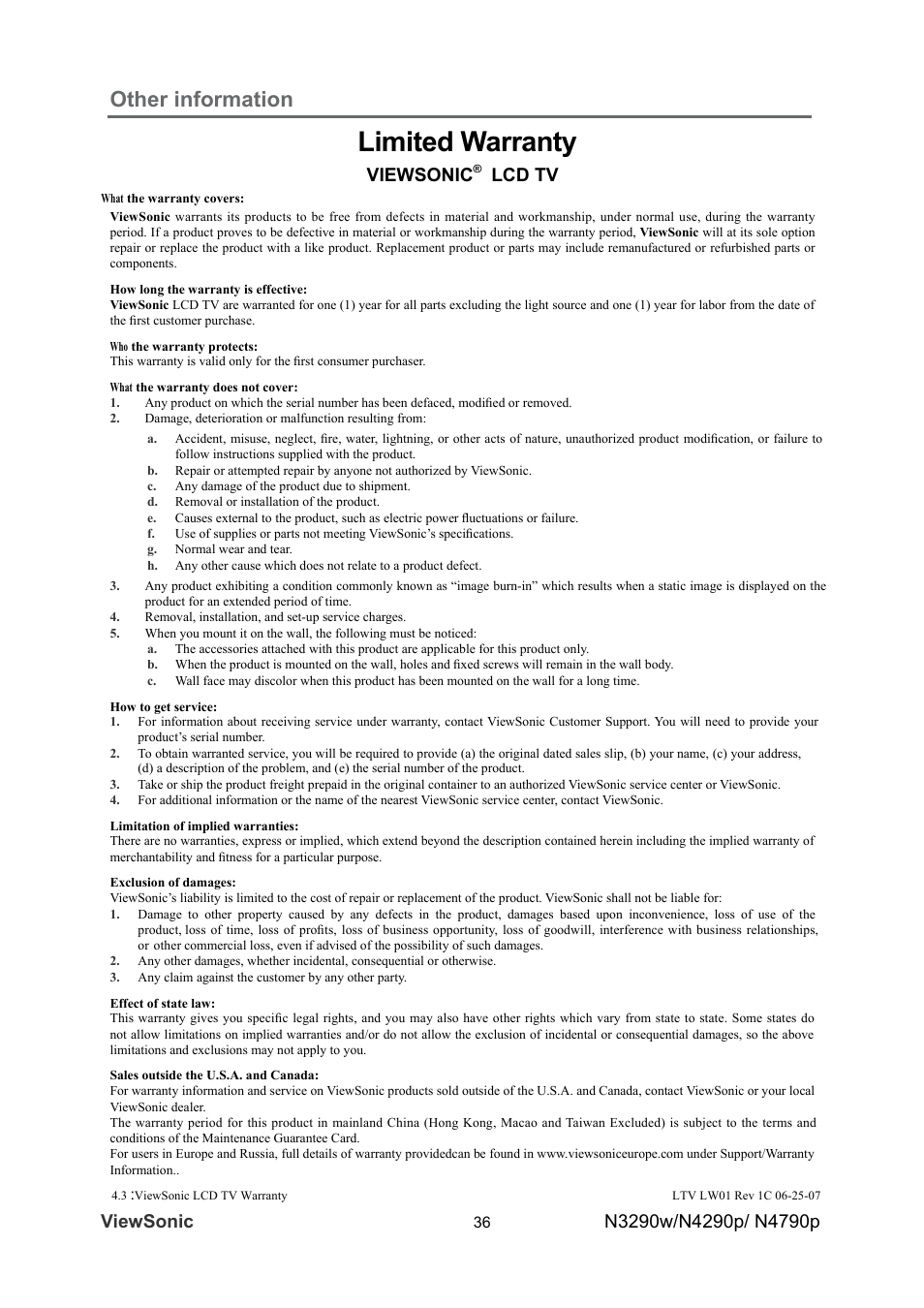 Limited warranty, Other information, Viewsonic | Lcd tv | VIEWSONIC VS12280-1A User Manual | Page 41 / 43