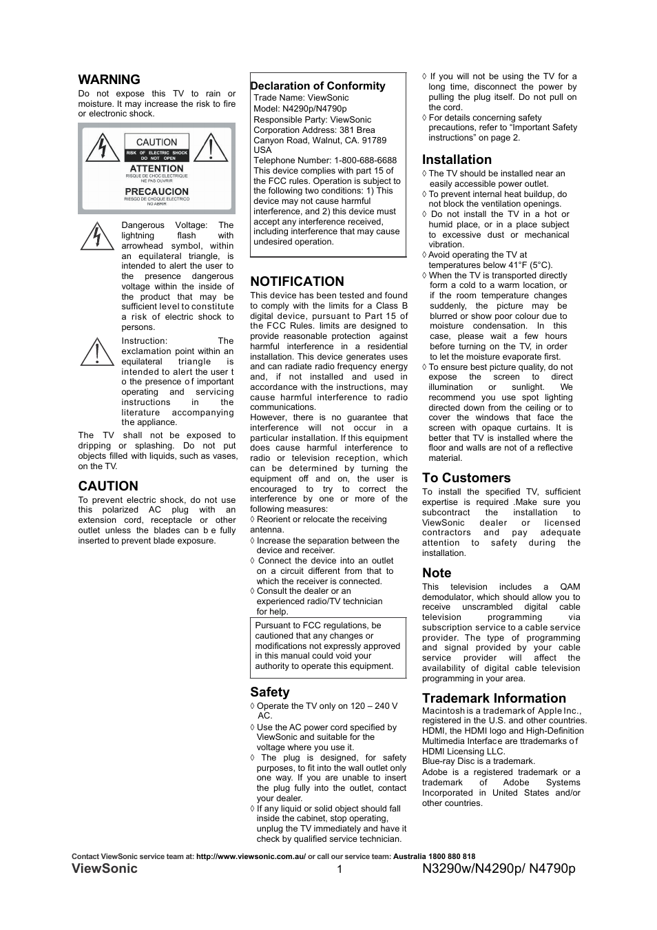 Viewsonic, Caution, Notification | Safety, Installation, Trademark information | VIEWSONIC VS12280-1A User Manual | Page 6 / 43