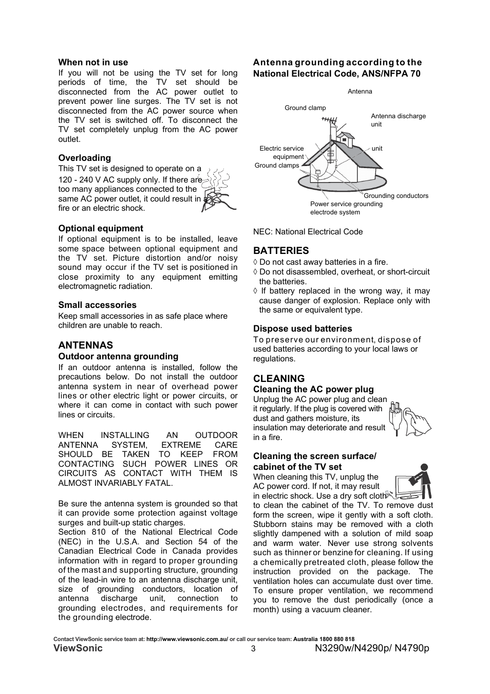 Viewsonic, Antennas, Batteries | Cleaning | VIEWSONIC VS12280-1A User Manual | Page 8 / 43
