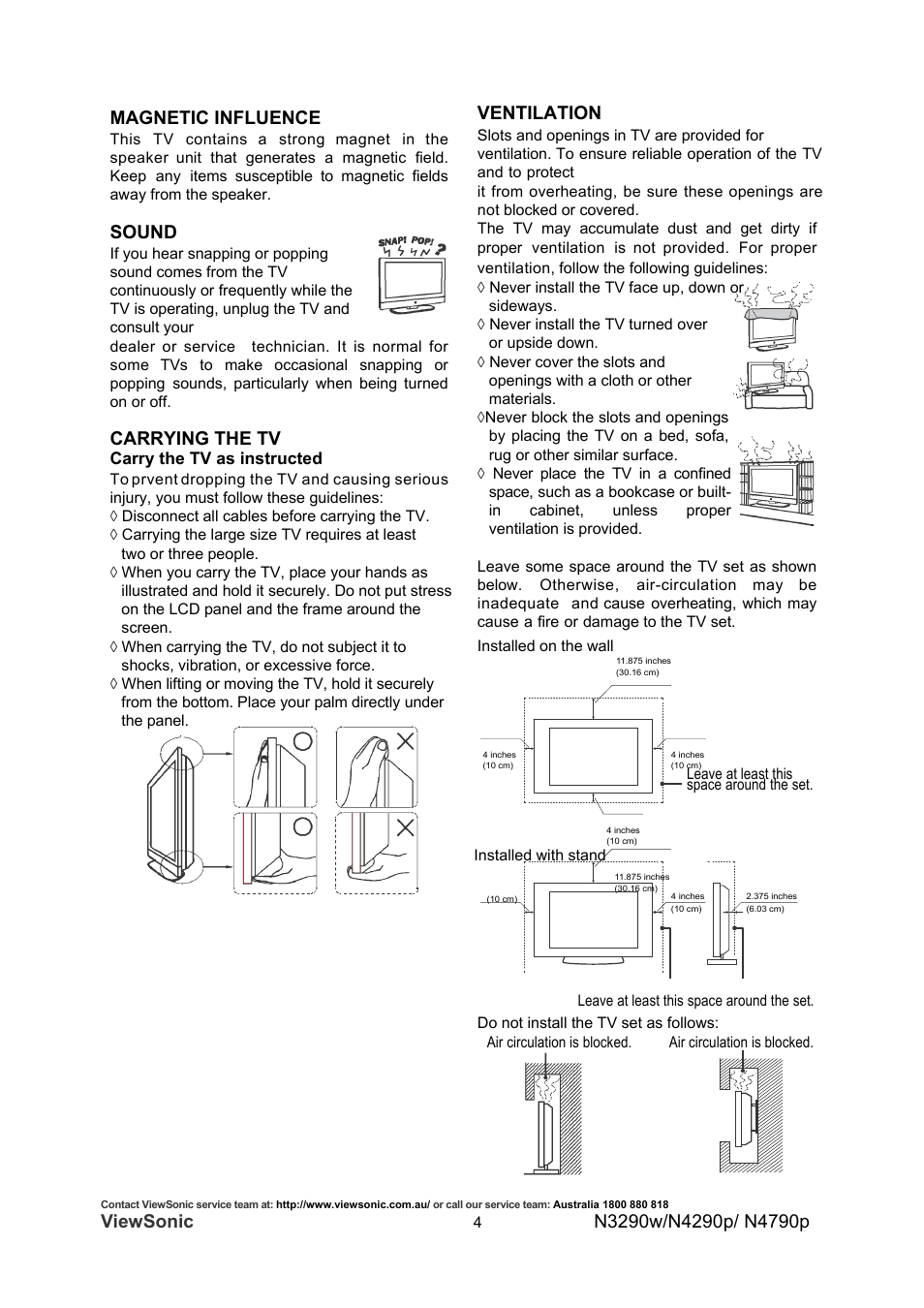 Viewsonic, Sound, Carrying the tv | Ventilation | VIEWSONIC VS12280-1A User Manual | Page 9 / 43