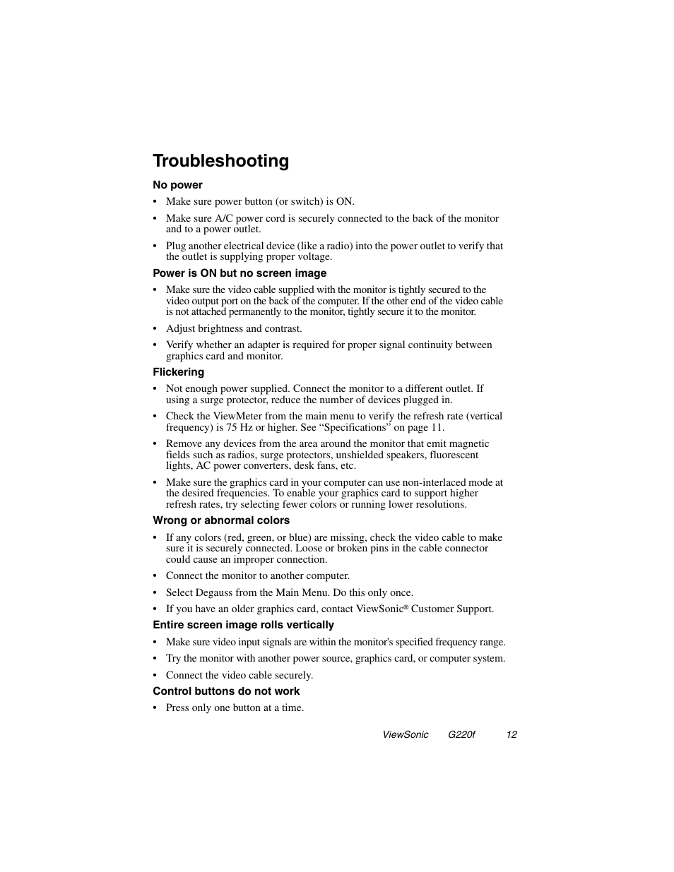 Troubleshooting | VIEWSONIC G220F User Manual | Page 13 / 19