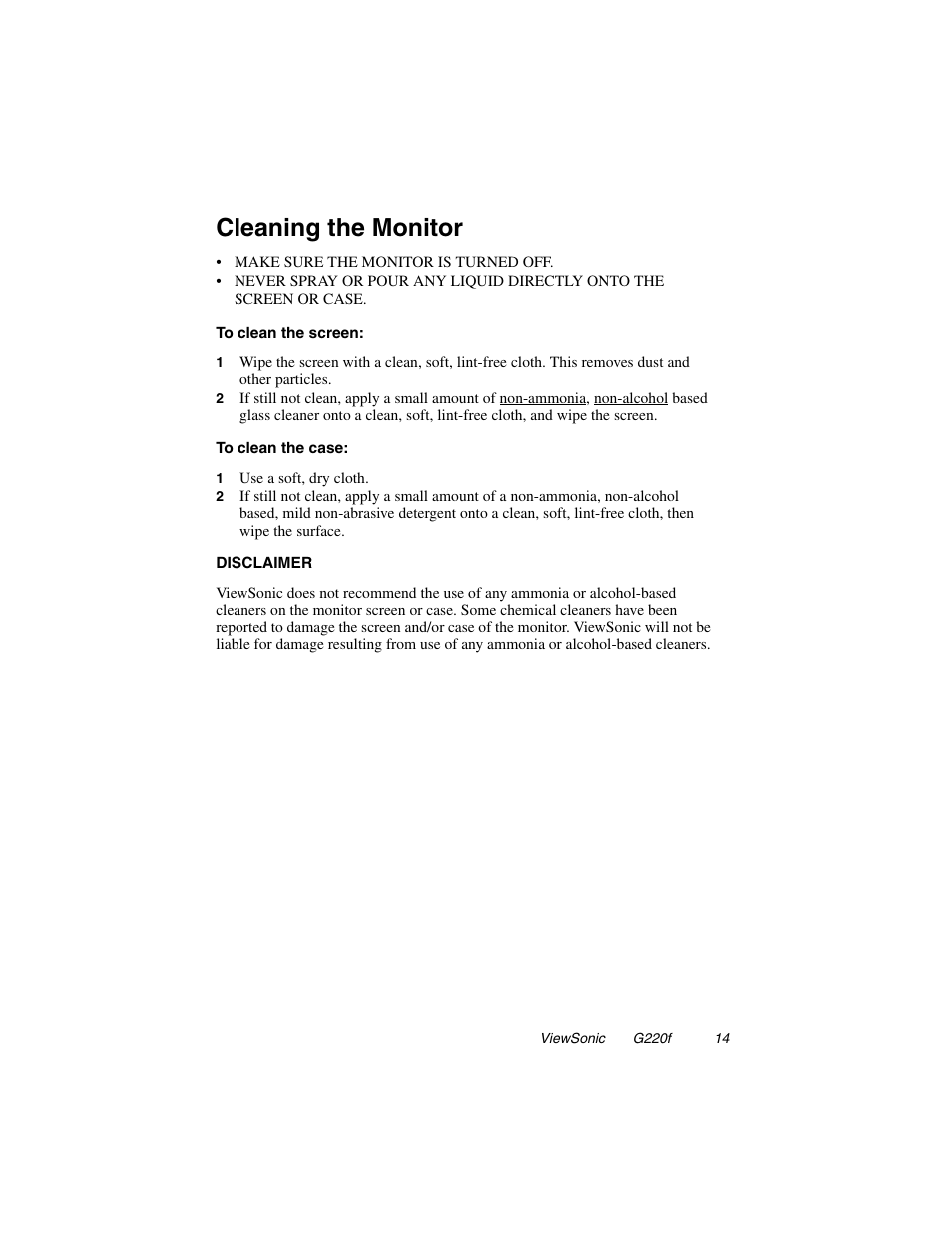 Cleaning the monitor | VIEWSONIC G220F User Manual | Page 15 / 19