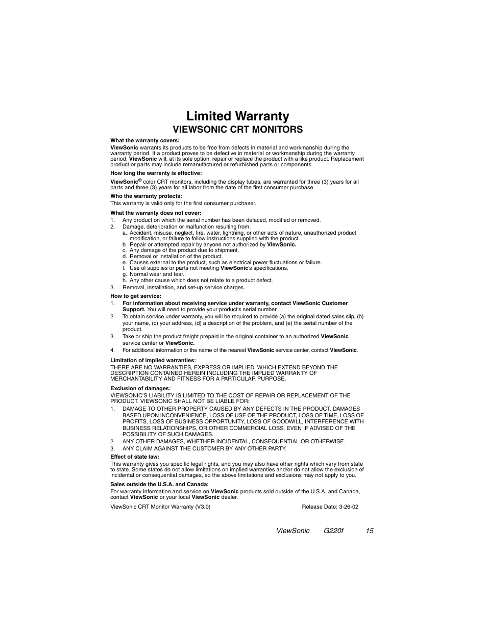 Limited warranty, Viewsonic crt monitors | VIEWSONIC G220F User Manual | Page 16 / 19
