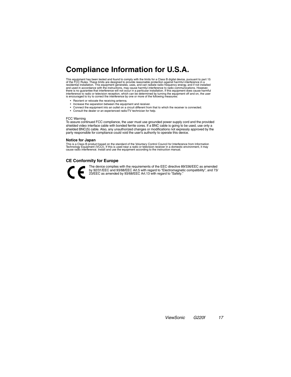 Compliance information for u.s.a | VIEWSONIC G220F User Manual | Page 18 / 19