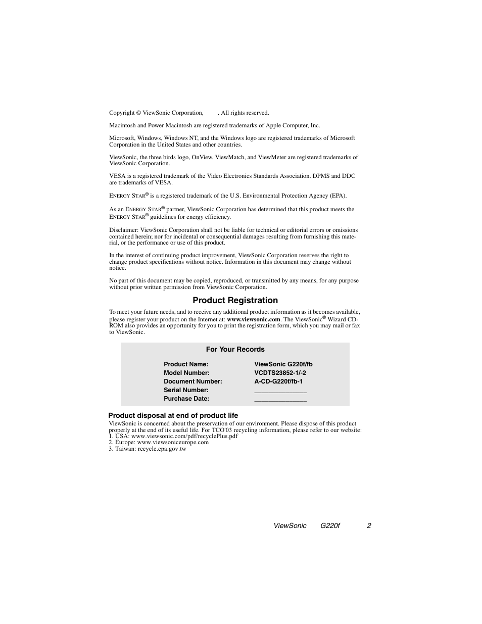 Product registration for your records, Product registration | VIEWSONIC G220F User Manual | Page 3 / 19