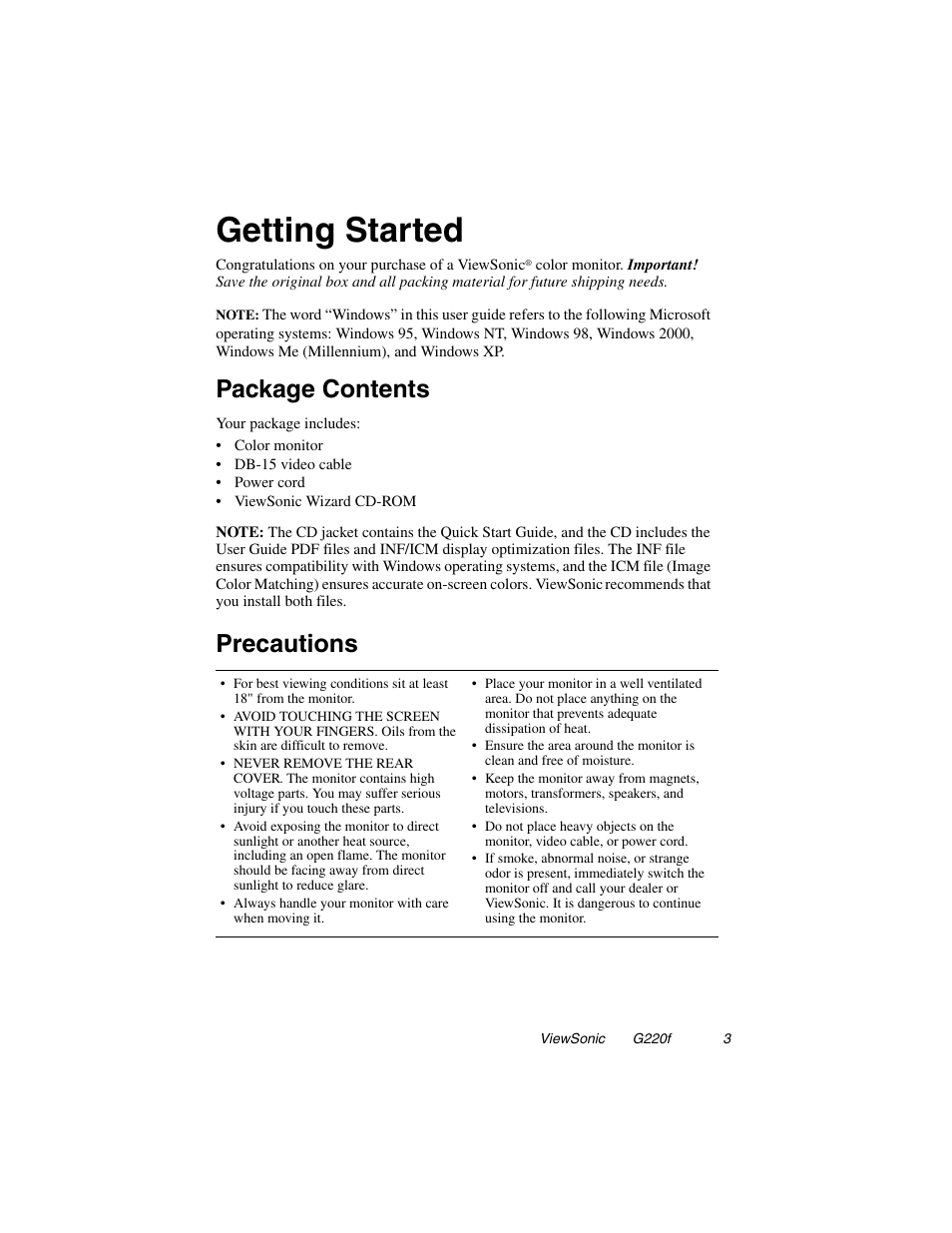 Getting started, Package contents precautions, Package contents | Precautions | VIEWSONIC G220F User Manual | Page 4 / 19