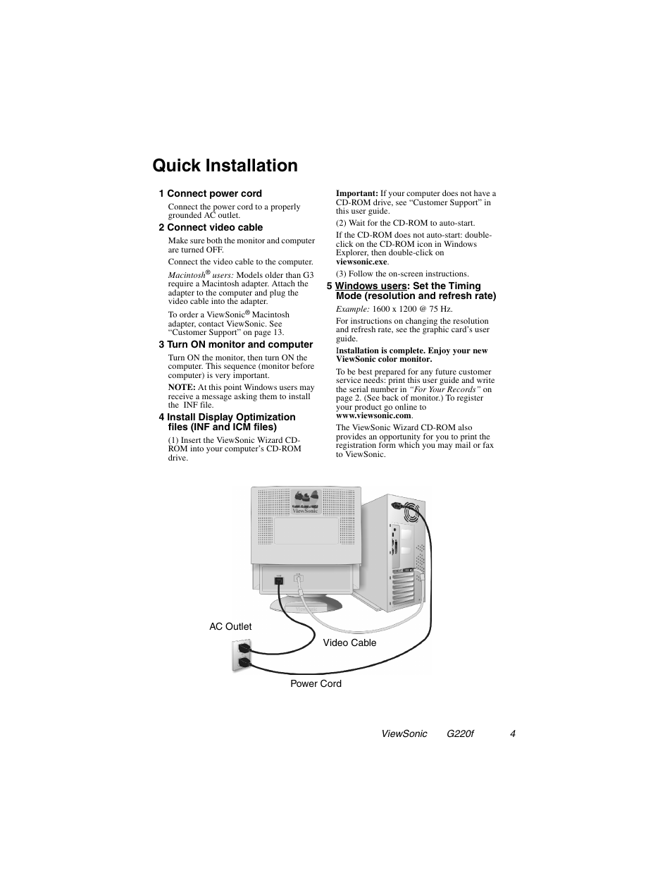 Quick installation | VIEWSONIC G220F User Manual | Page 5 / 19