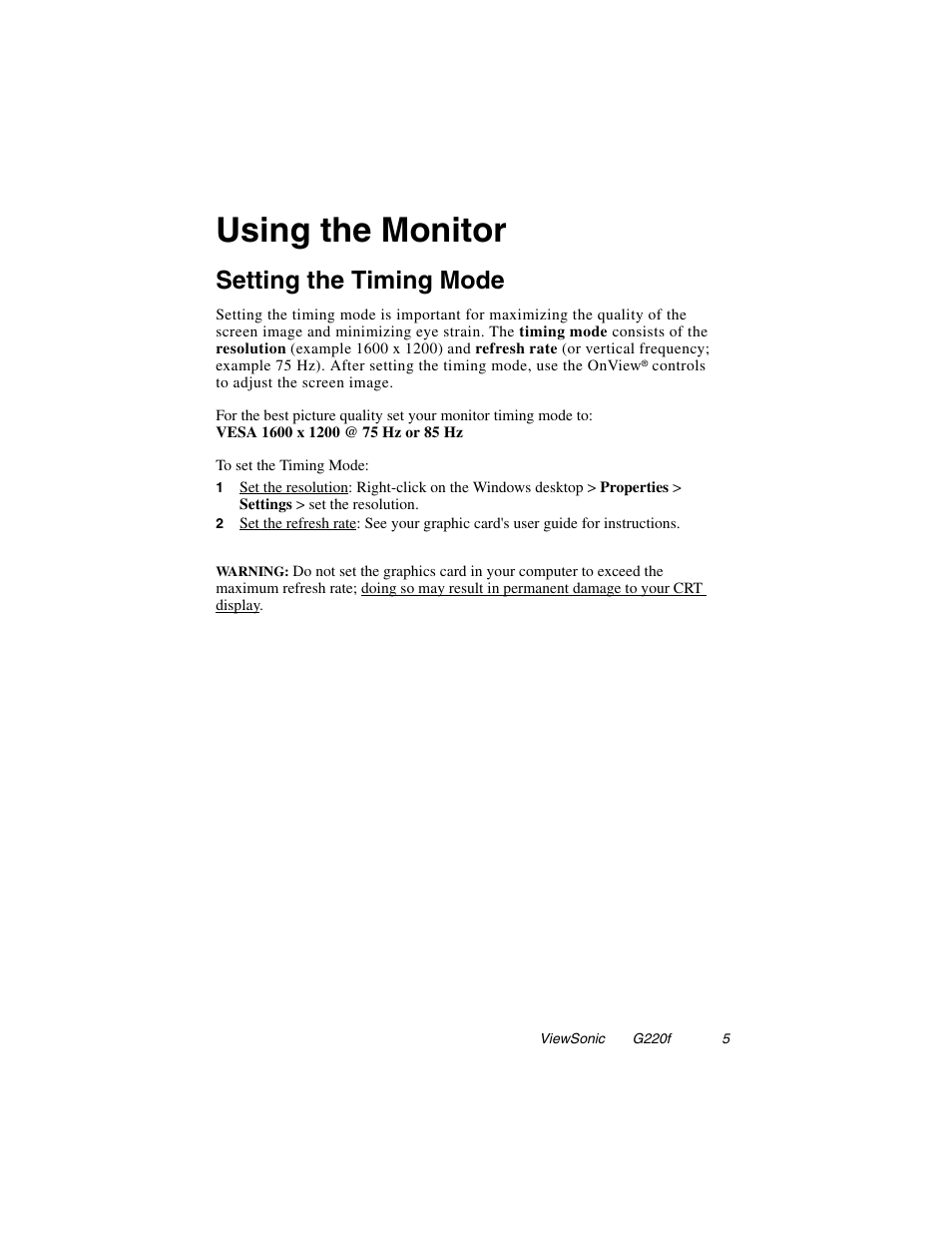 Using the monitor, Setting the timing mode | VIEWSONIC G220F User Manual | Page 6 / 19