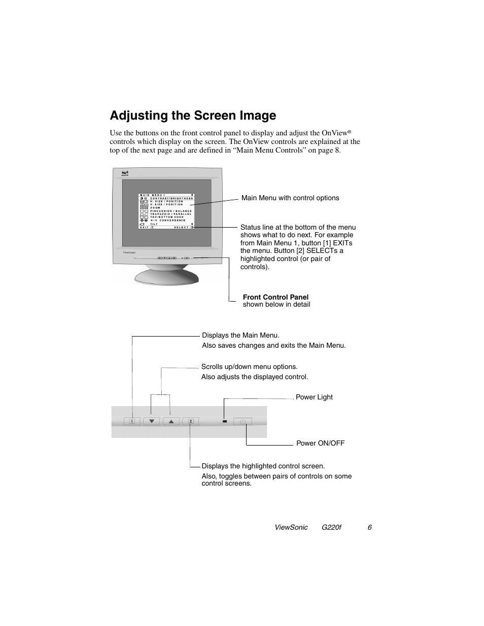 Adjusting the screen image | VIEWSONIC G220F User Manual | Page 7 / 19