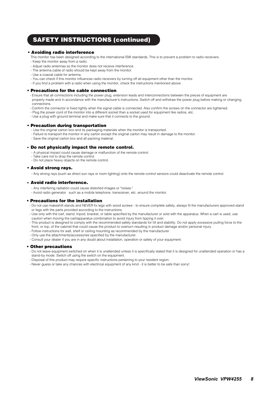 Safety instructions (continued) | VIEWSONIC VPW4255 User Manual | Page 10 / 40