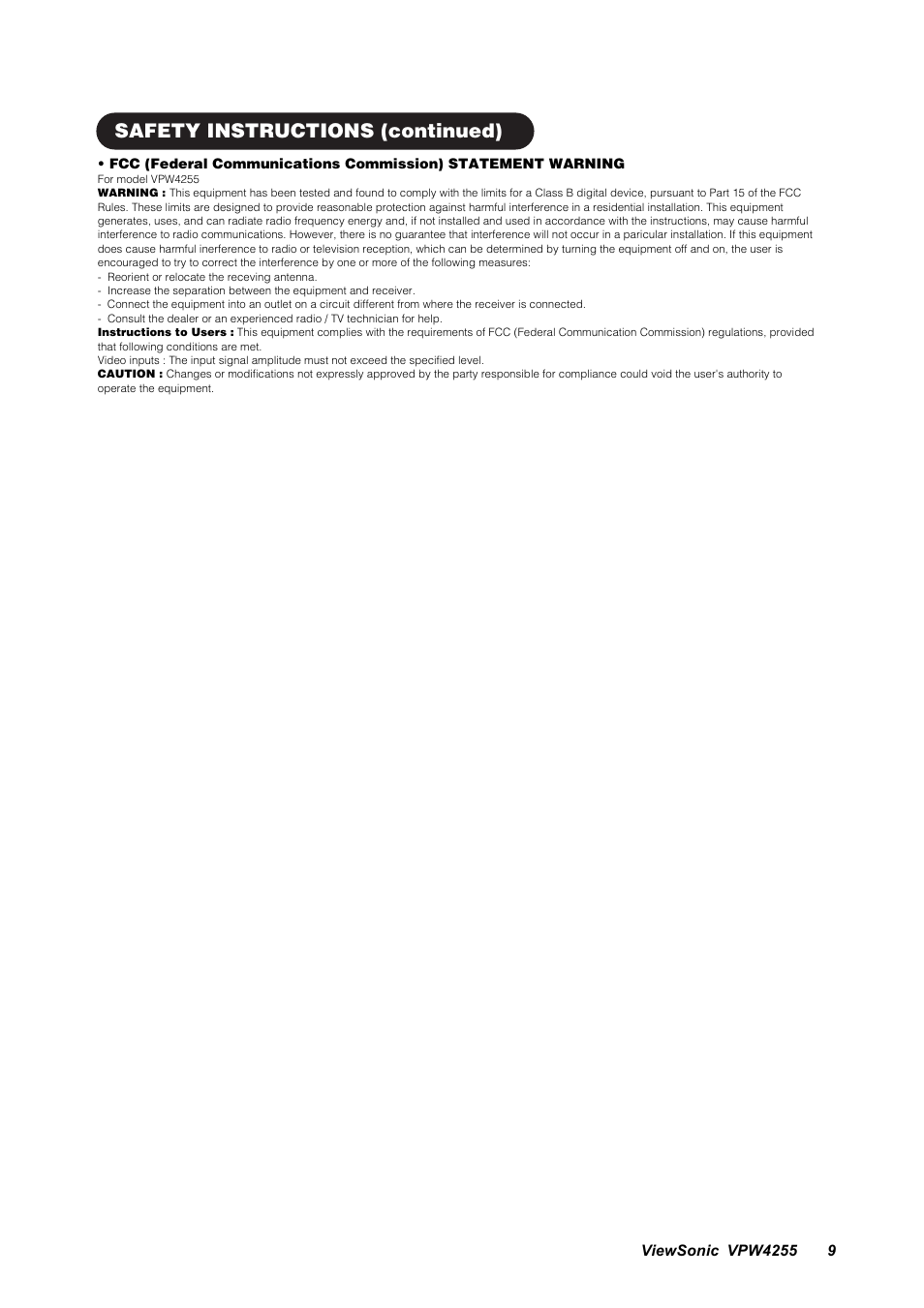 Safety instructions (continued) | VIEWSONIC VPW4255 User Manual | Page 11 / 40