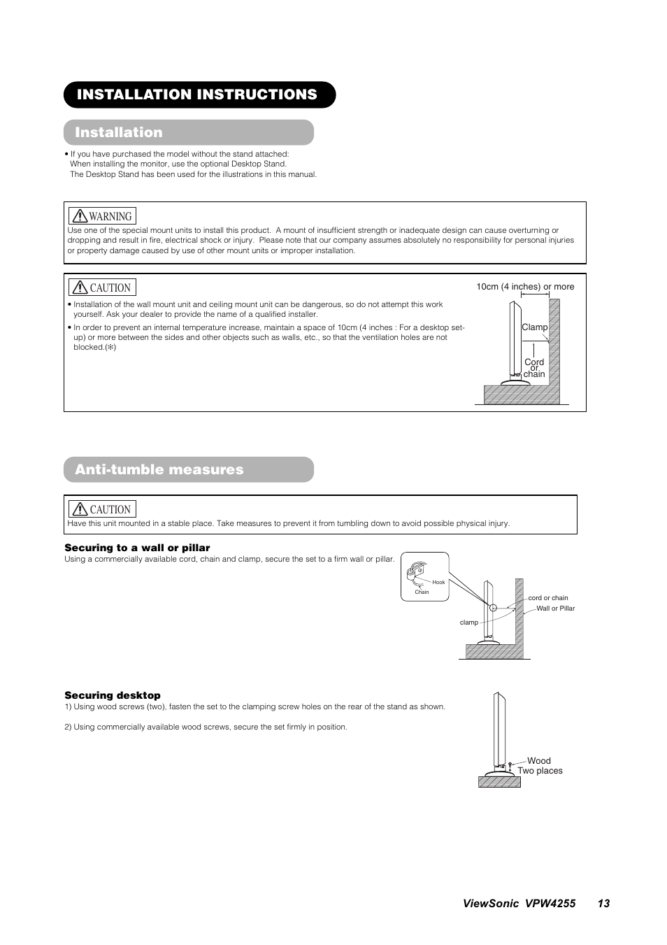 Anti-tumble measures, Installation instructions installation, Caution | Warning | VIEWSONIC VPW4255 User Manual | Page 15 / 40