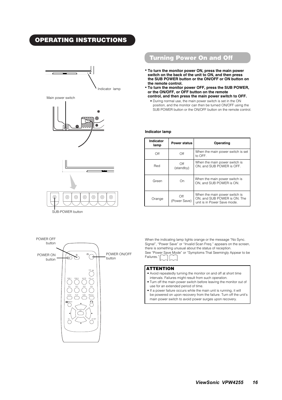 Operating instructions turning power on and off, Attention | VIEWSONIC VPW4255 User Manual | Page 18 / 40
