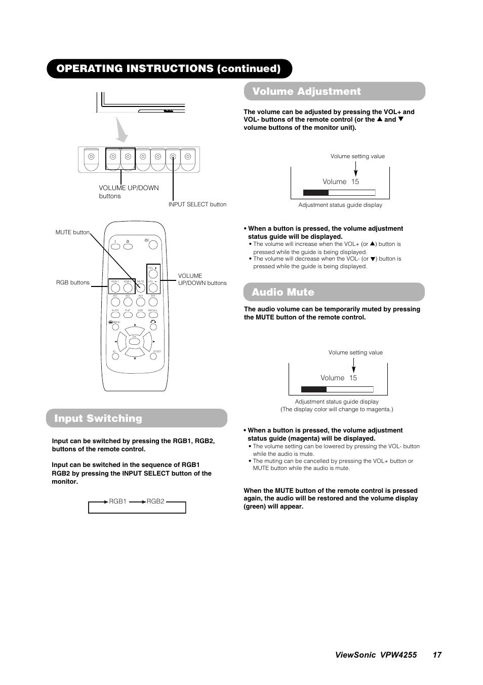 Operating instructions (continued) audio mute, Input switching, Volume adjustment | Volume 15 | VIEWSONIC VPW4255 User Manual | Page 19 / 40