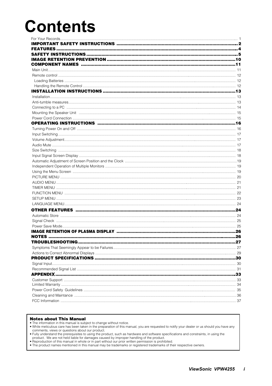 VIEWSONIC VPW4255 User Manual | Page 2 / 40
