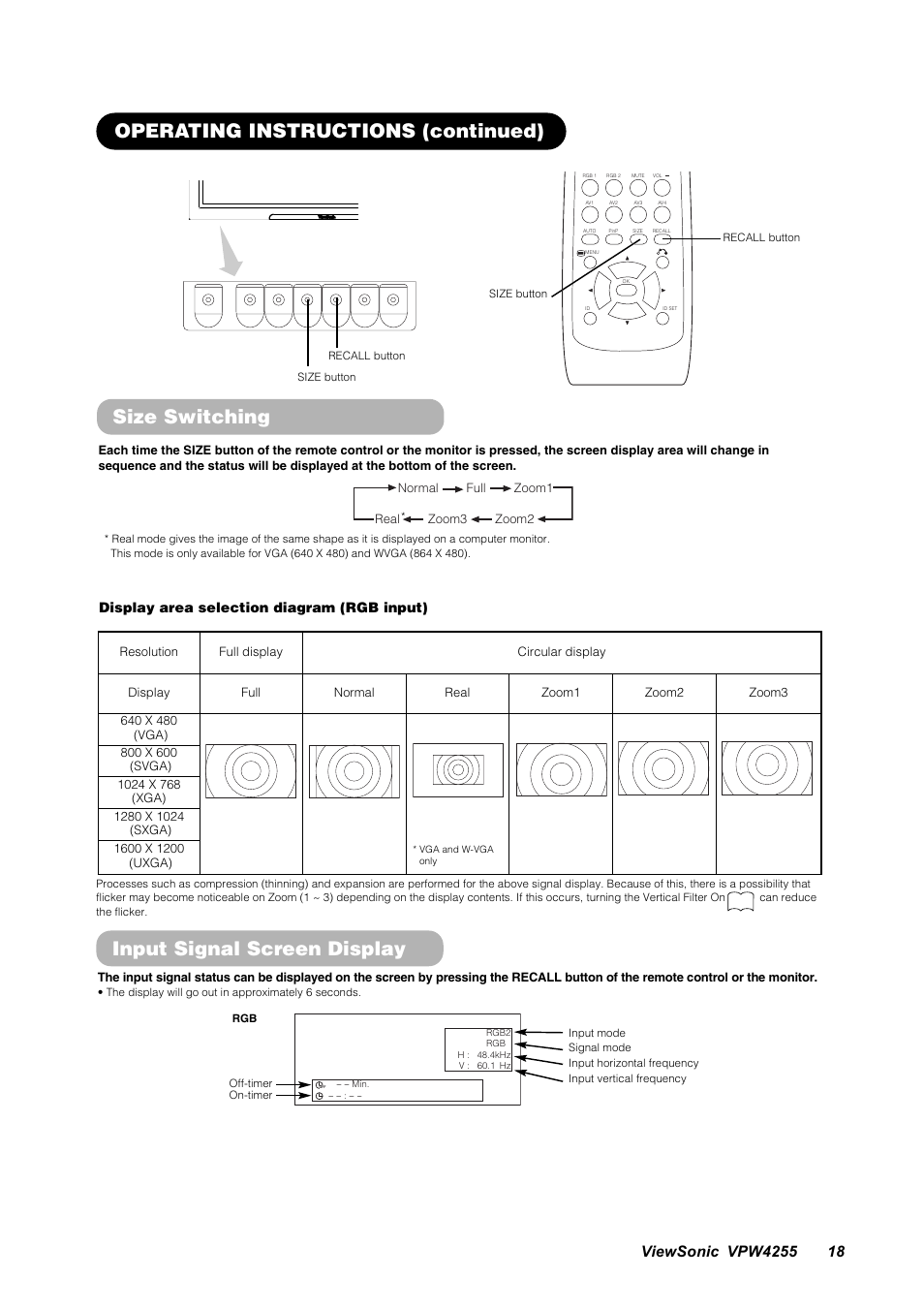 Size switching, Input signal screen display, Operating instructions (continued) | Display area selection diagram (rgb input) | VIEWSONIC VPW4255 User Manual | Page 20 / 40
