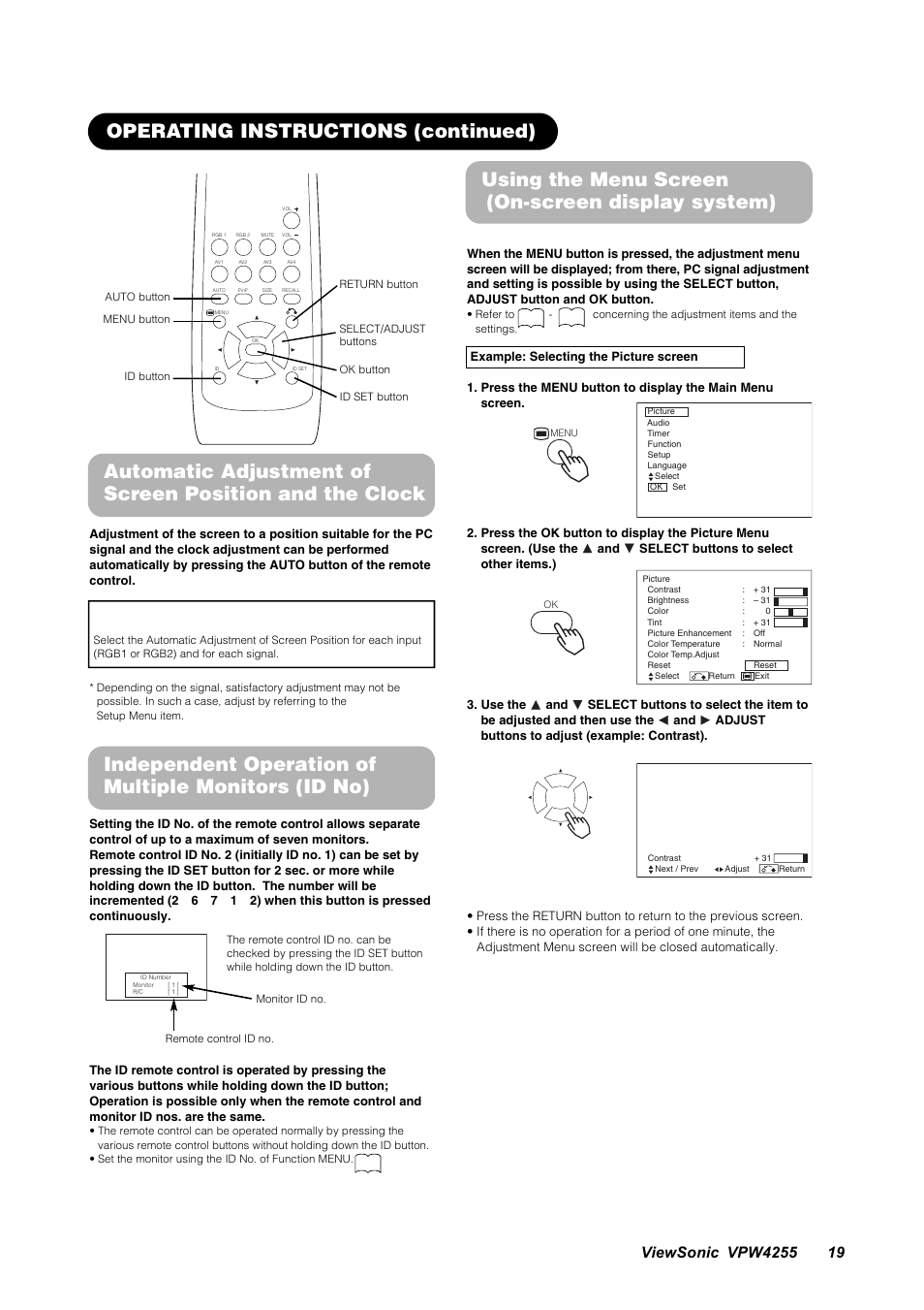 Using the menu screen (on-screen display system), Important | VIEWSONIC VPW4255 User Manual | Page 21 / 40