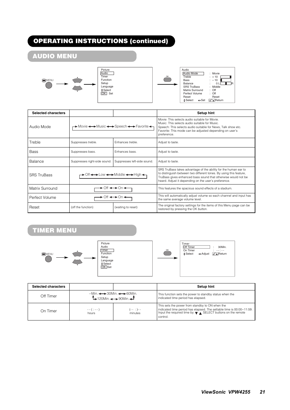 Audio menu, Timer menu, Operating instructions (continued) | VIEWSONIC VPW4255 User Manual | Page 23 / 40