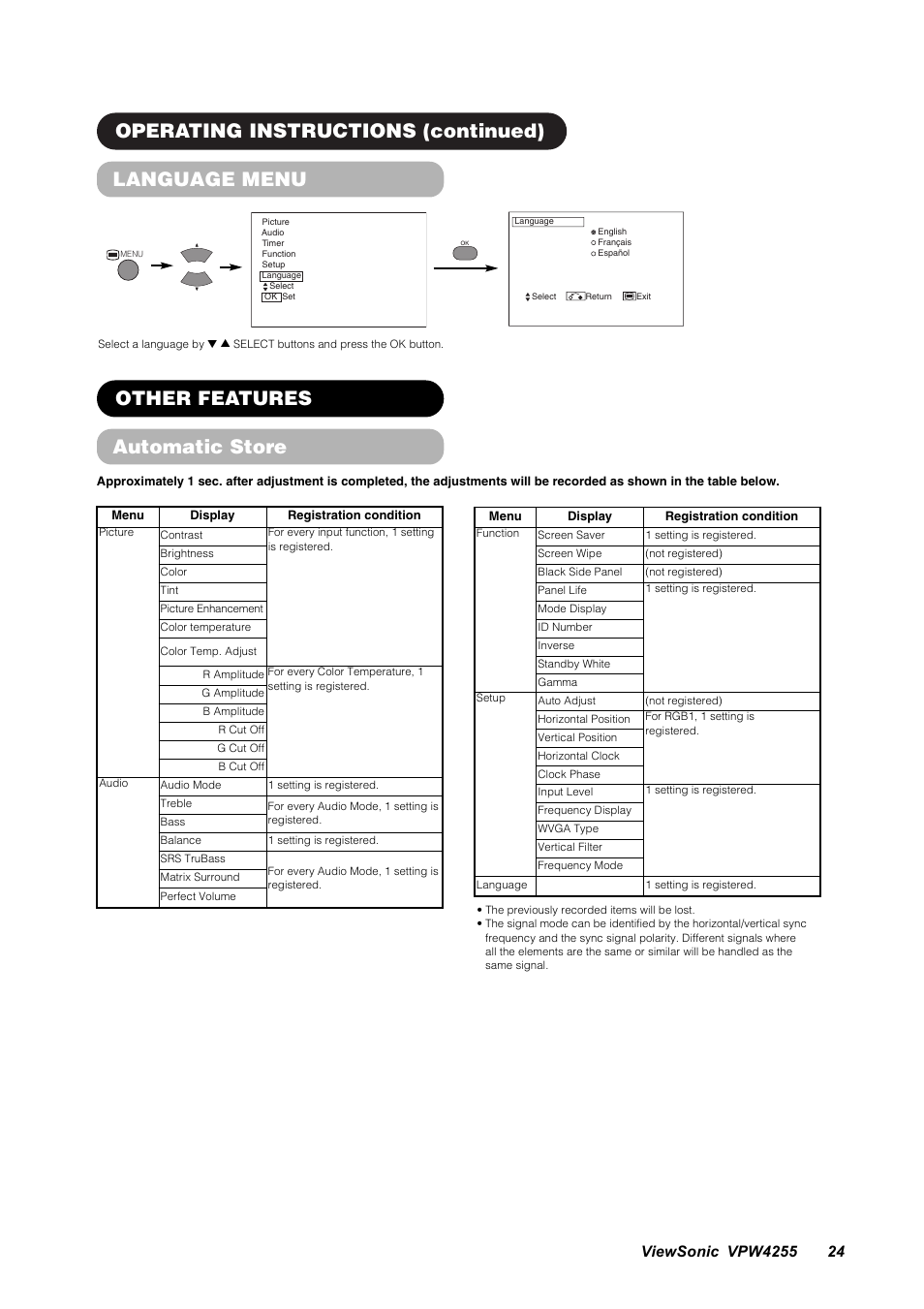 Operating instructions (continued) language menu, Other features automatic store | VIEWSONIC VPW4255 User Manual | Page 26 / 40
