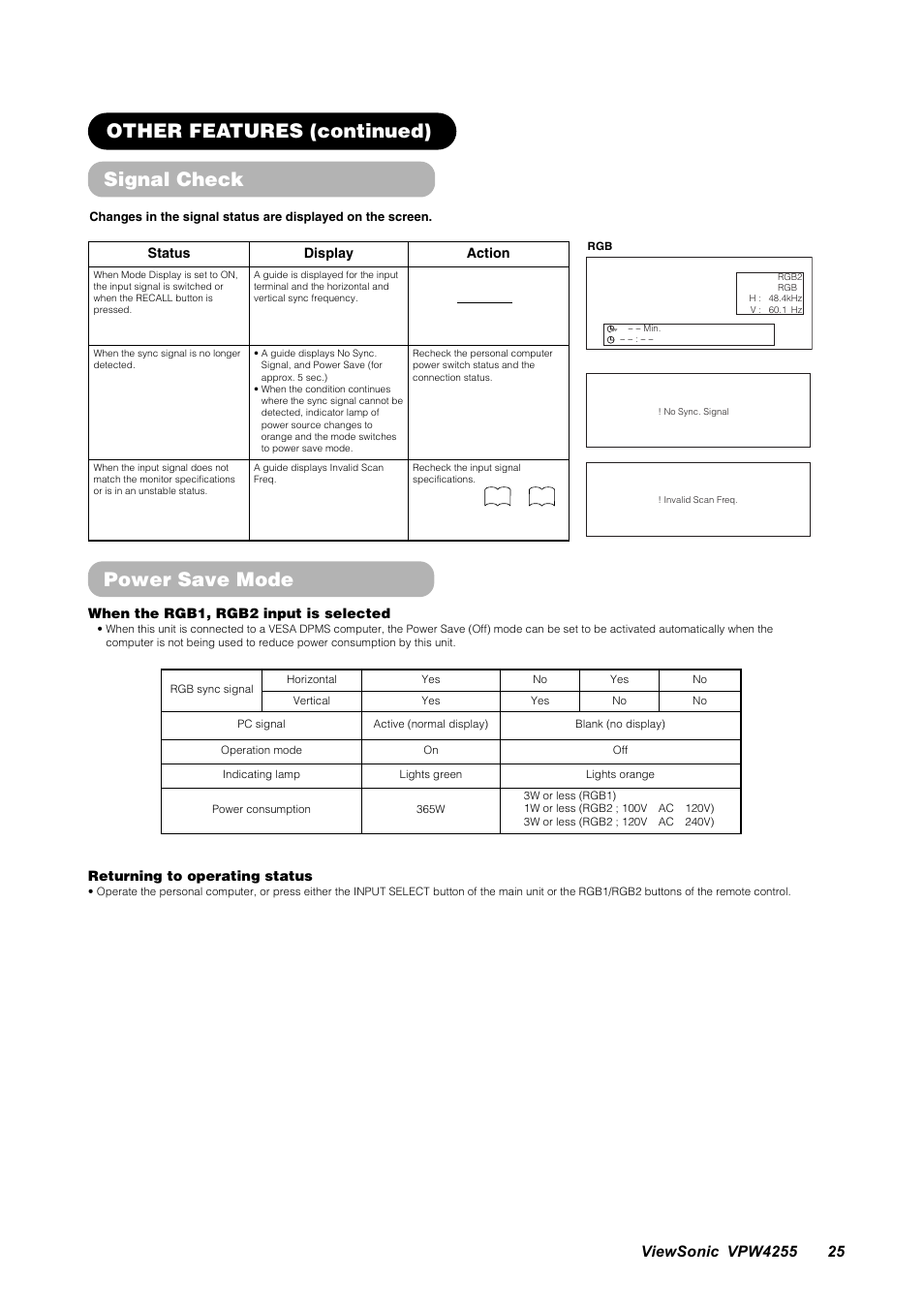 Signal check, Other features (continued), Power save mode | VIEWSONIC VPW4255 User Manual | Page 27 / 40