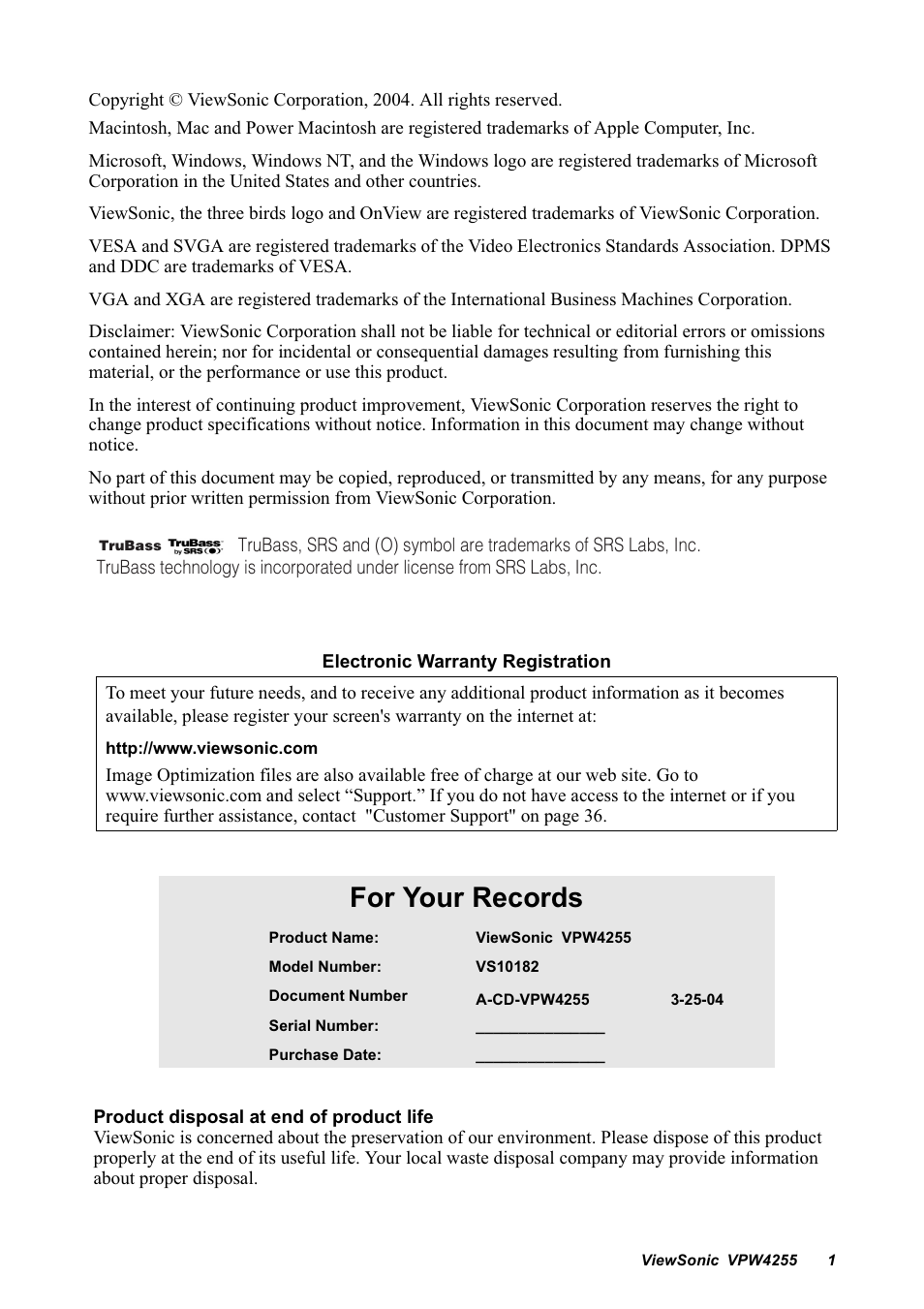 For your records | VIEWSONIC VPW4255 User Manual | Page 3 / 40