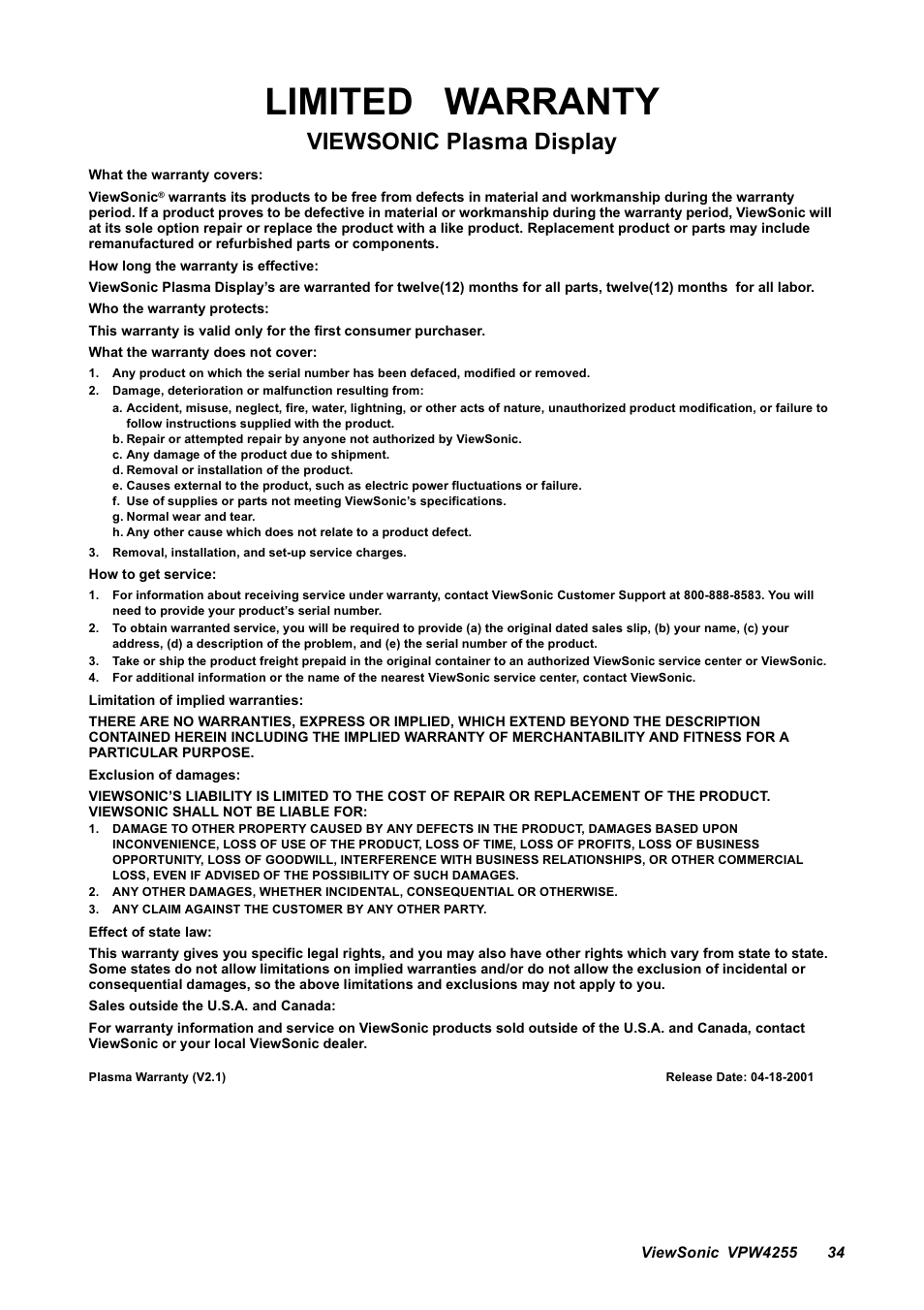 Limited warranty, Viewsonic plasma display | VIEWSONIC VPW4255 User Manual | Page 36 / 40