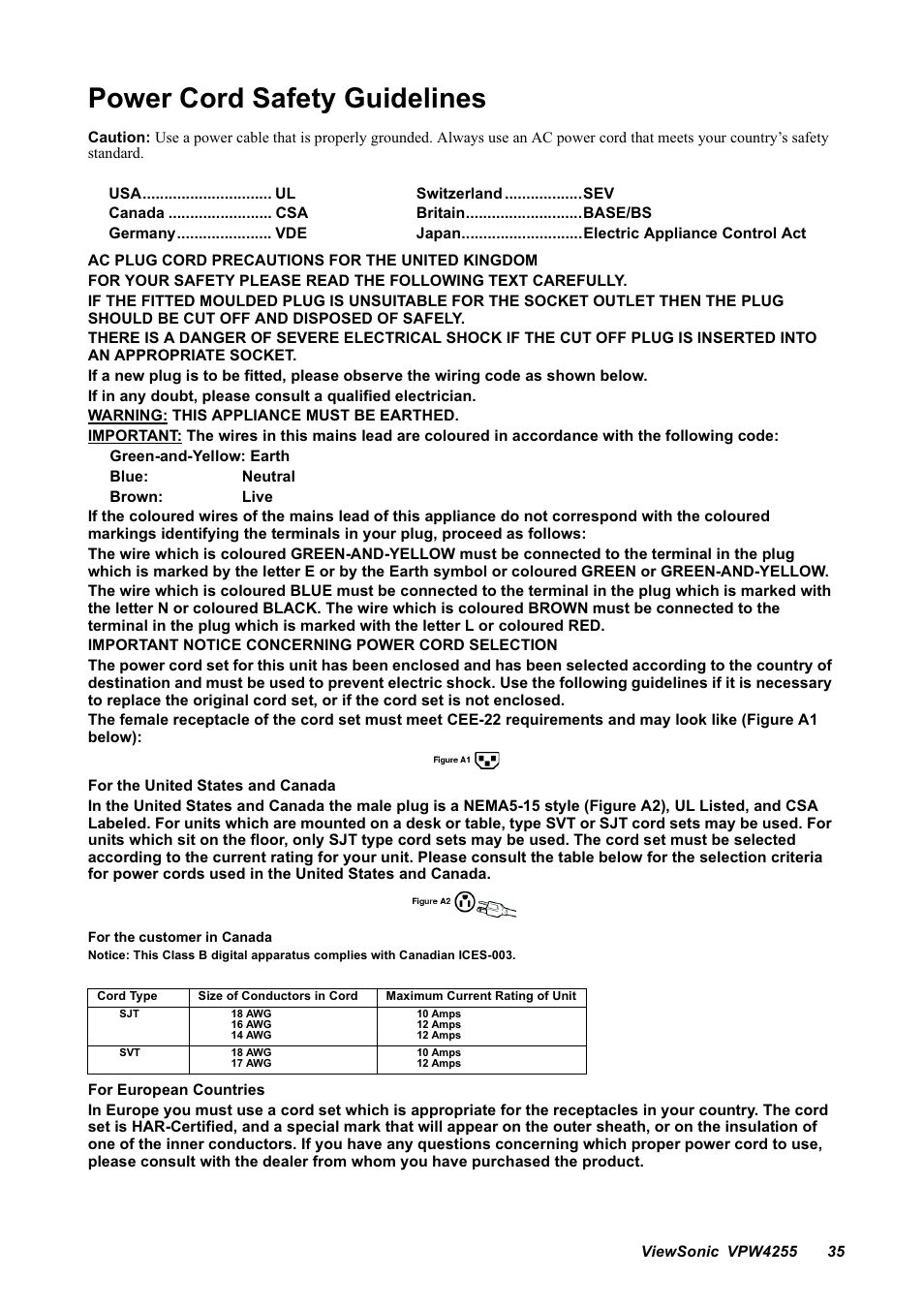 Power cord safety guidelines | VIEWSONIC VPW4255 User Manual | Page 37 / 40