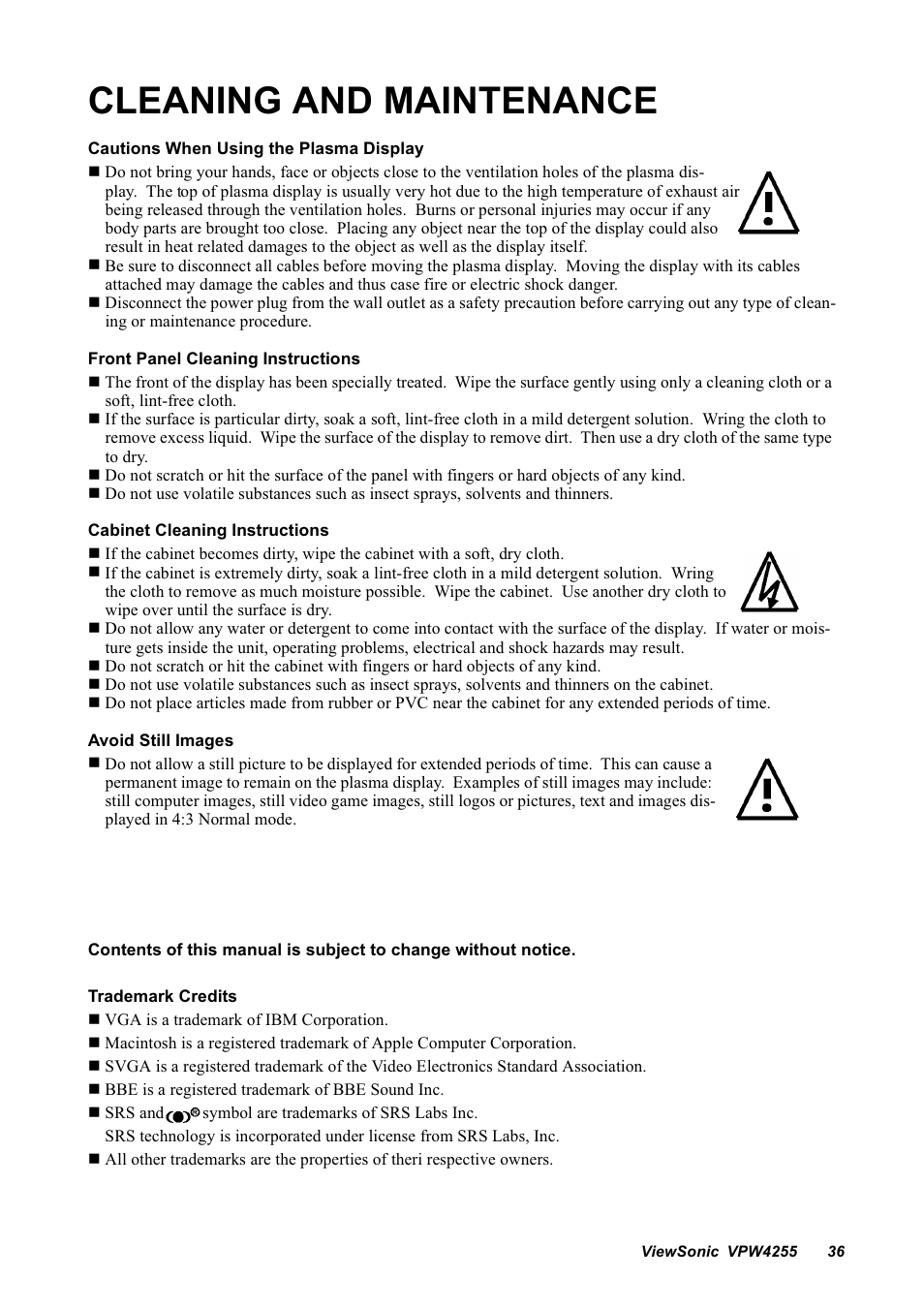 Cleaning and maintenance | VIEWSONIC VPW4255 User Manual | Page 38 / 40