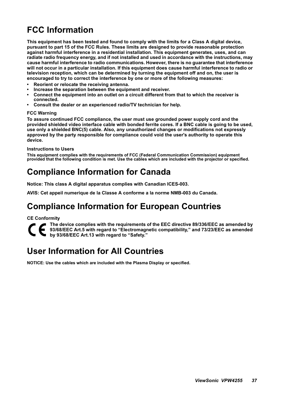 Fcc information, Compliance information for canada, Compliance information for european countries | User information for all countries | VIEWSONIC VPW4255 User Manual | Page 39 / 40