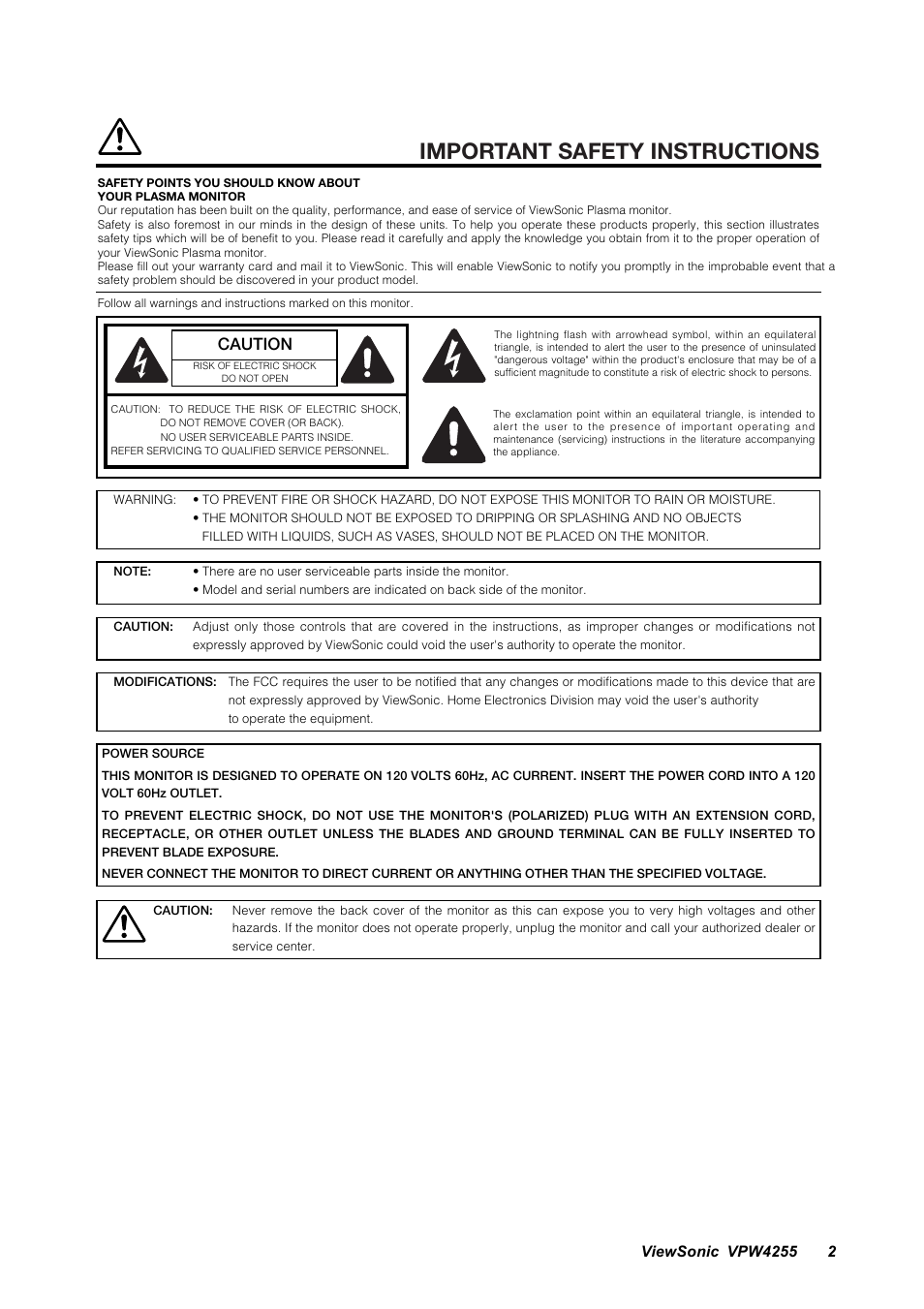 Important safety instructions, Caution | VIEWSONIC VPW4255 User Manual | Page 4 / 40