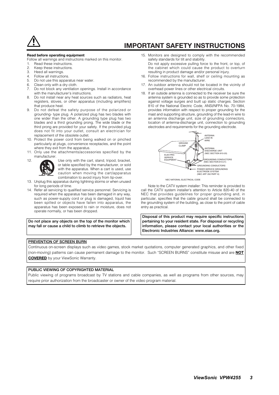 Important safety instructions | VIEWSONIC VPW4255 User Manual | Page 5 / 40