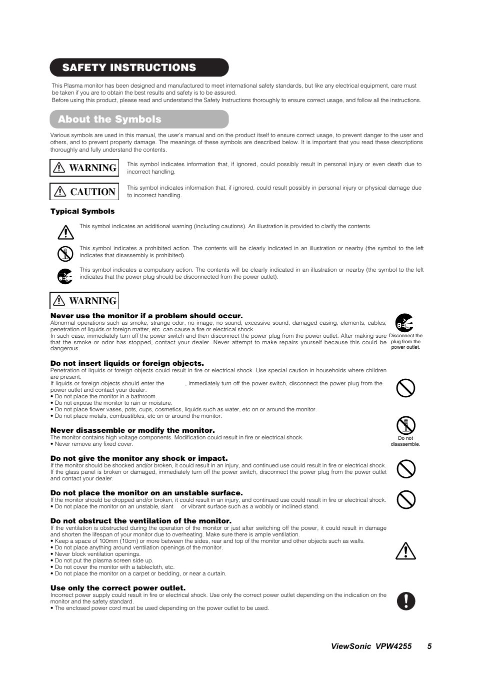 Safety instructions, Caution, Warning | About the symbols | VIEWSONIC VPW4255 User Manual | Page 7 / 40