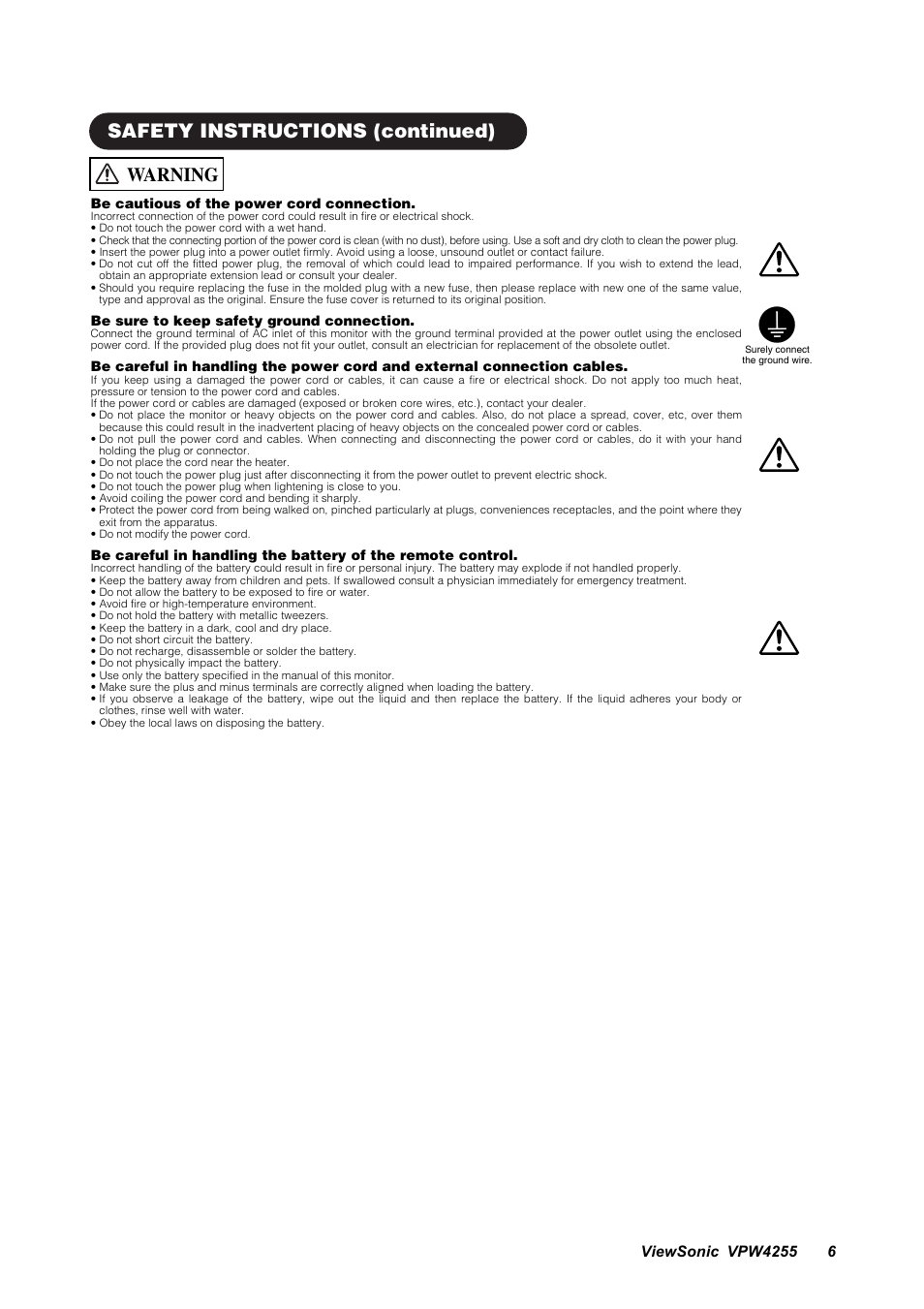 Safety instructions (continued), Warning | VIEWSONIC VPW4255 User Manual | Page 8 / 40