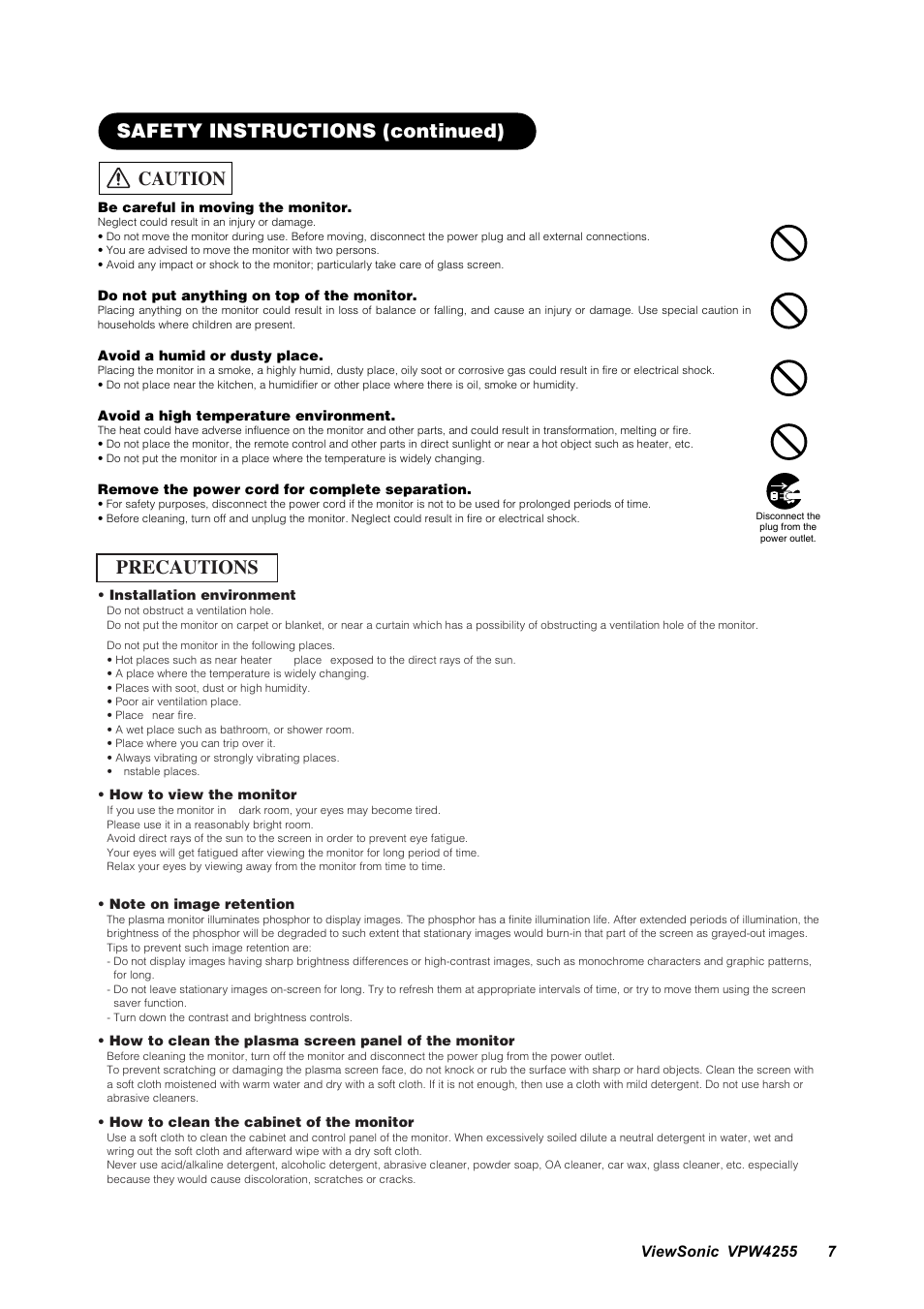 Precautions, Caution, Safety instructions (continued) | VIEWSONIC VPW4255 User Manual | Page 9 / 40