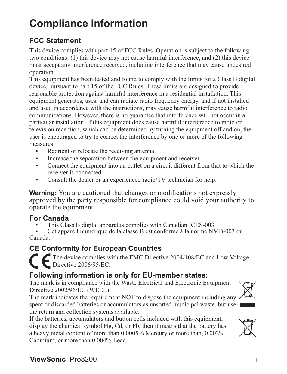 Compliance information | VIEWSONIC DLP Projector Pro8200 User Manual | Page 2 / 57