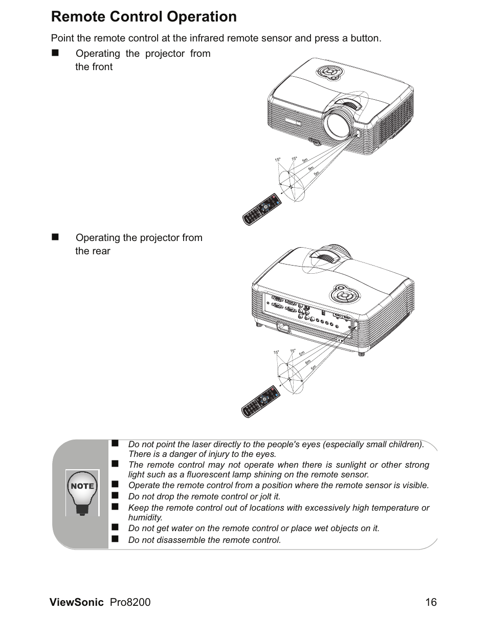 Remote control operation, Operating the projector from the front, Operating the projector from the rear | VIEWSONIC DLP Projector Pro8200 User Manual | Page 20 / 57