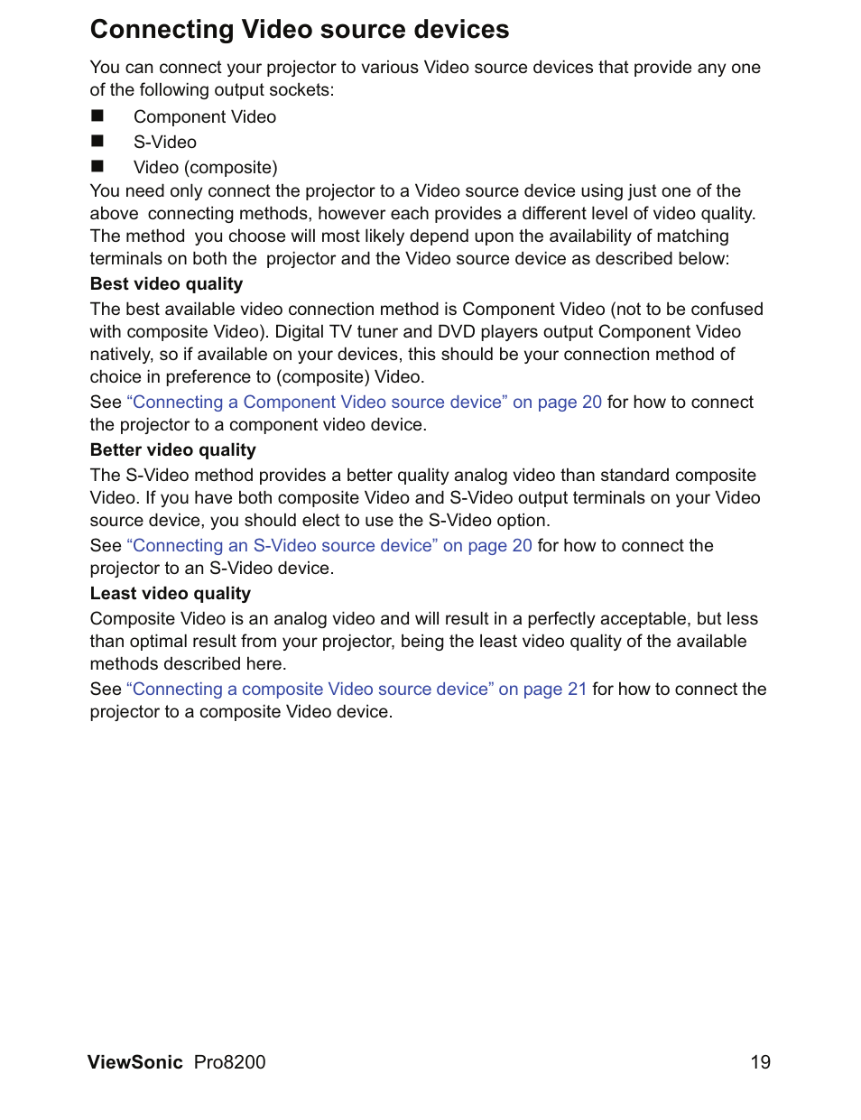 Connecting video source devices | VIEWSONIC DLP Projector Pro8200 User Manual | Page 23 / 57