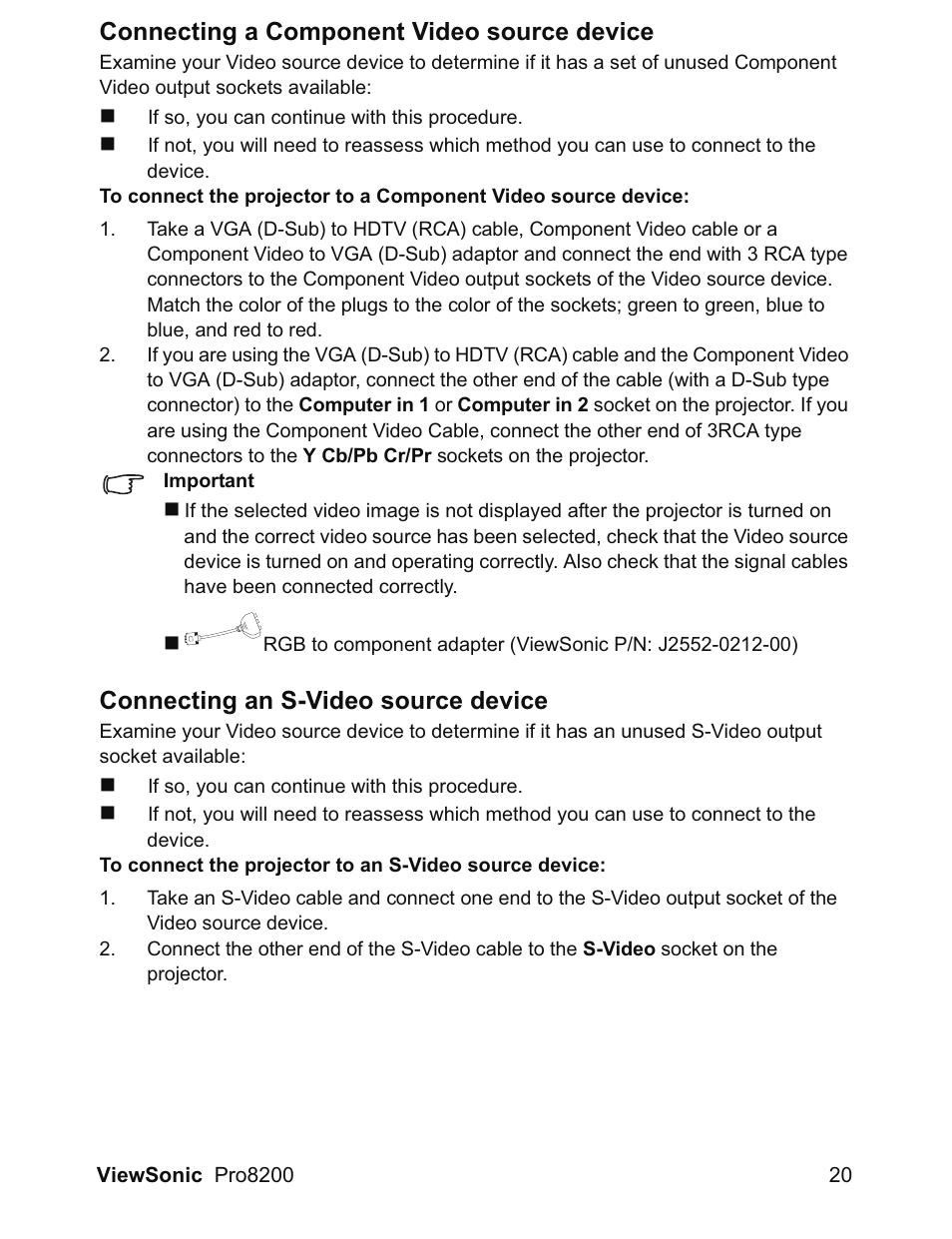 Connecting a component video source device, Connecting an s-video source device | VIEWSONIC DLP Projector Pro8200 User Manual | Page 24 / 57