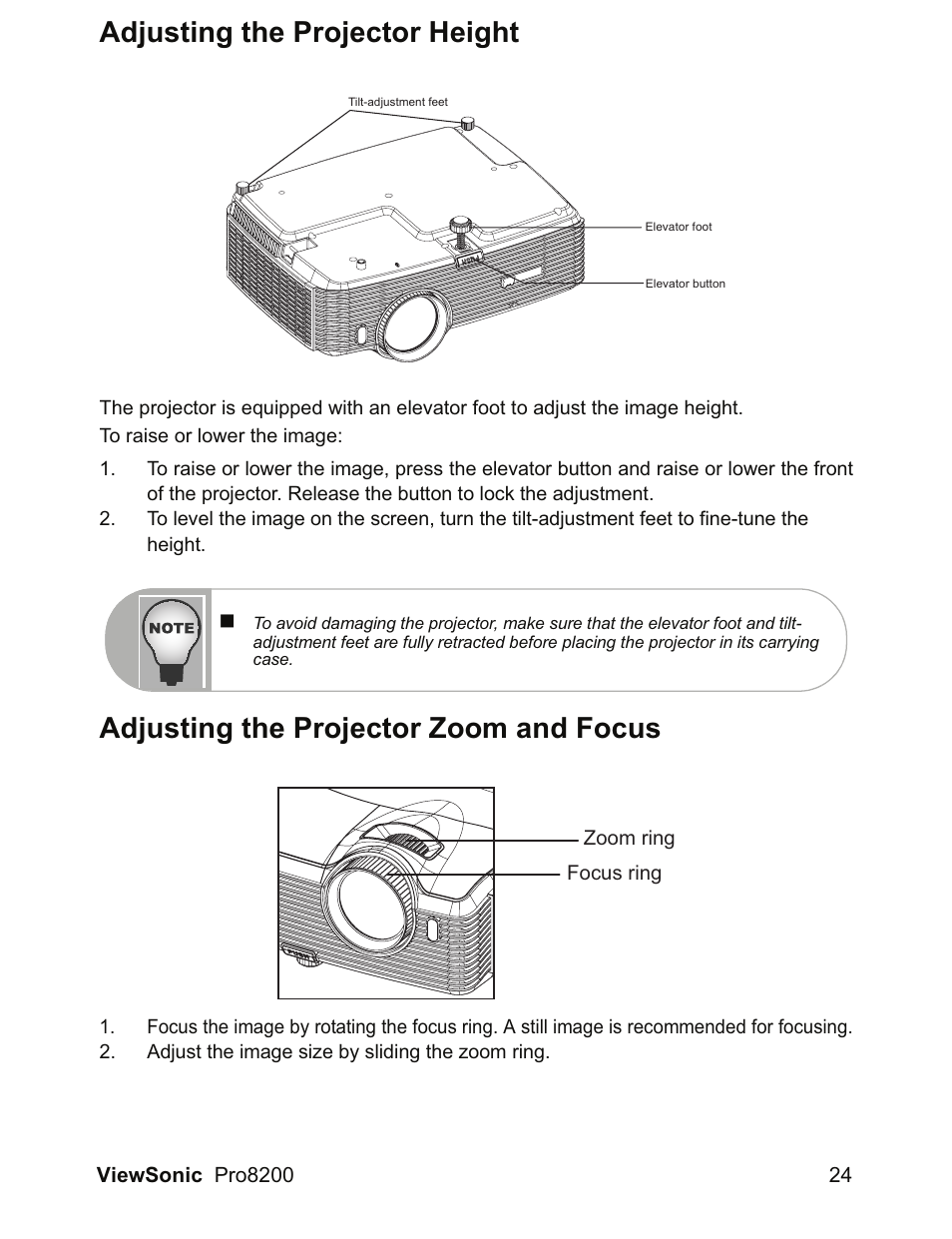 Adjusting the projector height, Adjusting the projector zoom and focus | VIEWSONIC DLP Projector Pro8200 User Manual | Page 28 / 57