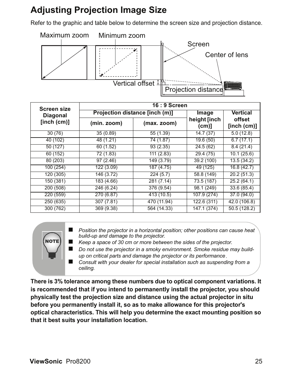 Adjusting projection image size | VIEWSONIC DLP Projector Pro8200 User Manual | Page 29 / 57
