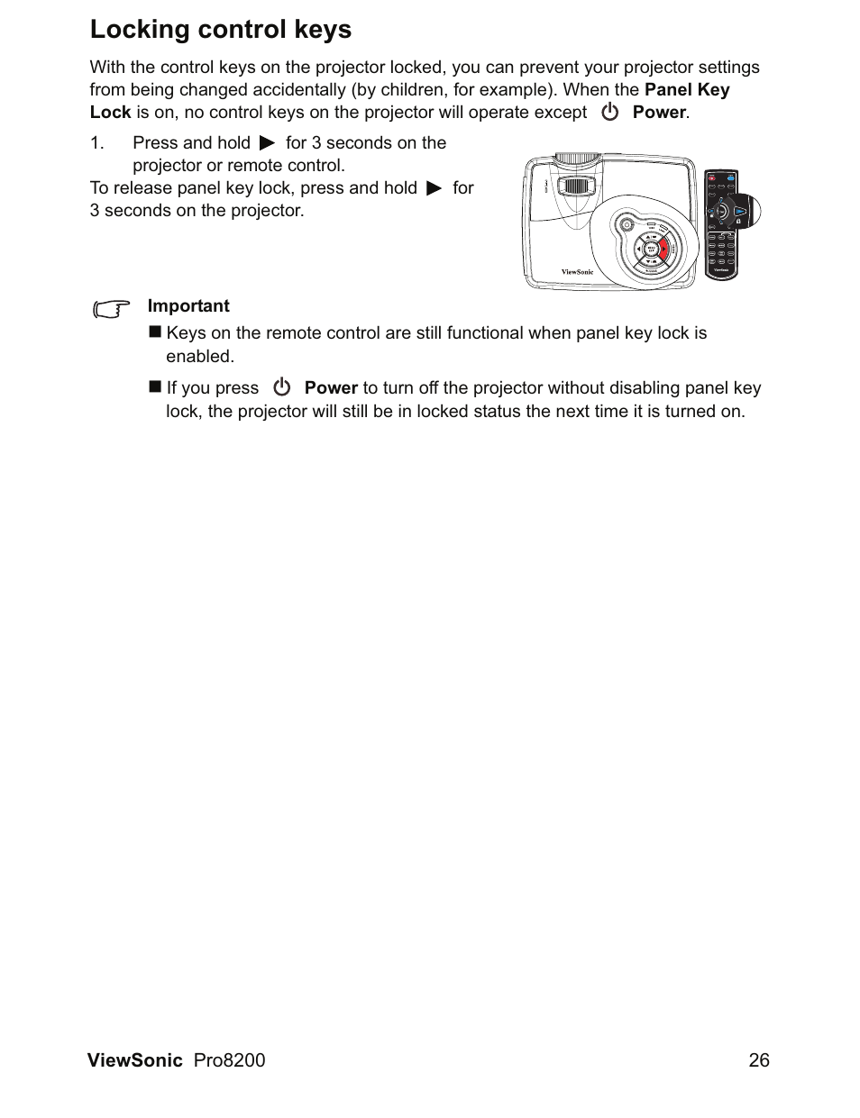Locking control keys | VIEWSONIC DLP Projector Pro8200 User Manual | Page 30 / 57